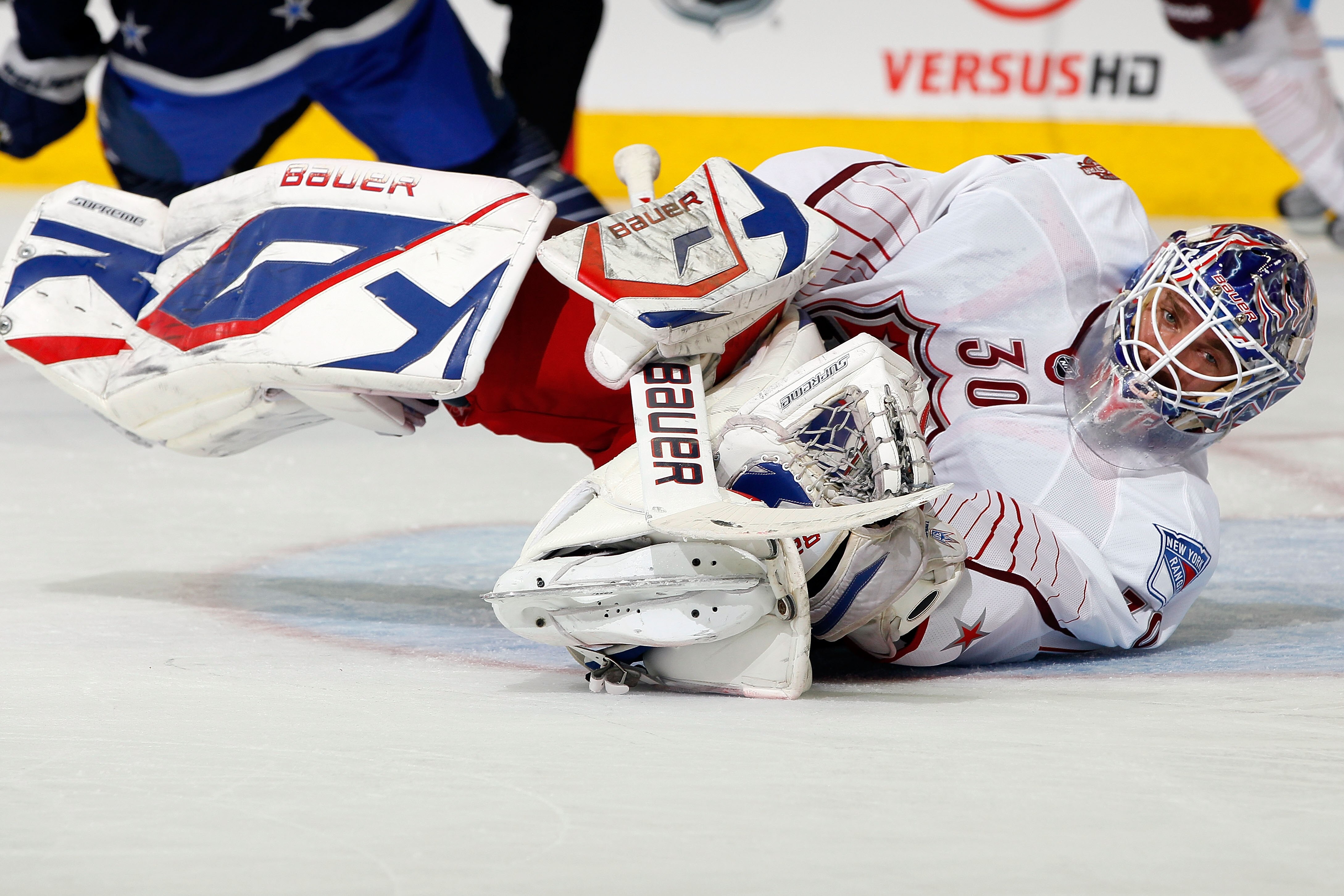 RALEIGH, NC - JANUARY 30:  Team Staal player Henrik Lundqvist #30 of New York Rangers attempts to make a save against Team Lidstrom in the 58th NHL All-Star Game at RBC Center on January 30, 2011 in Raleigh, North Carolina.  (Photo by Kevin C. Cox/Getty I