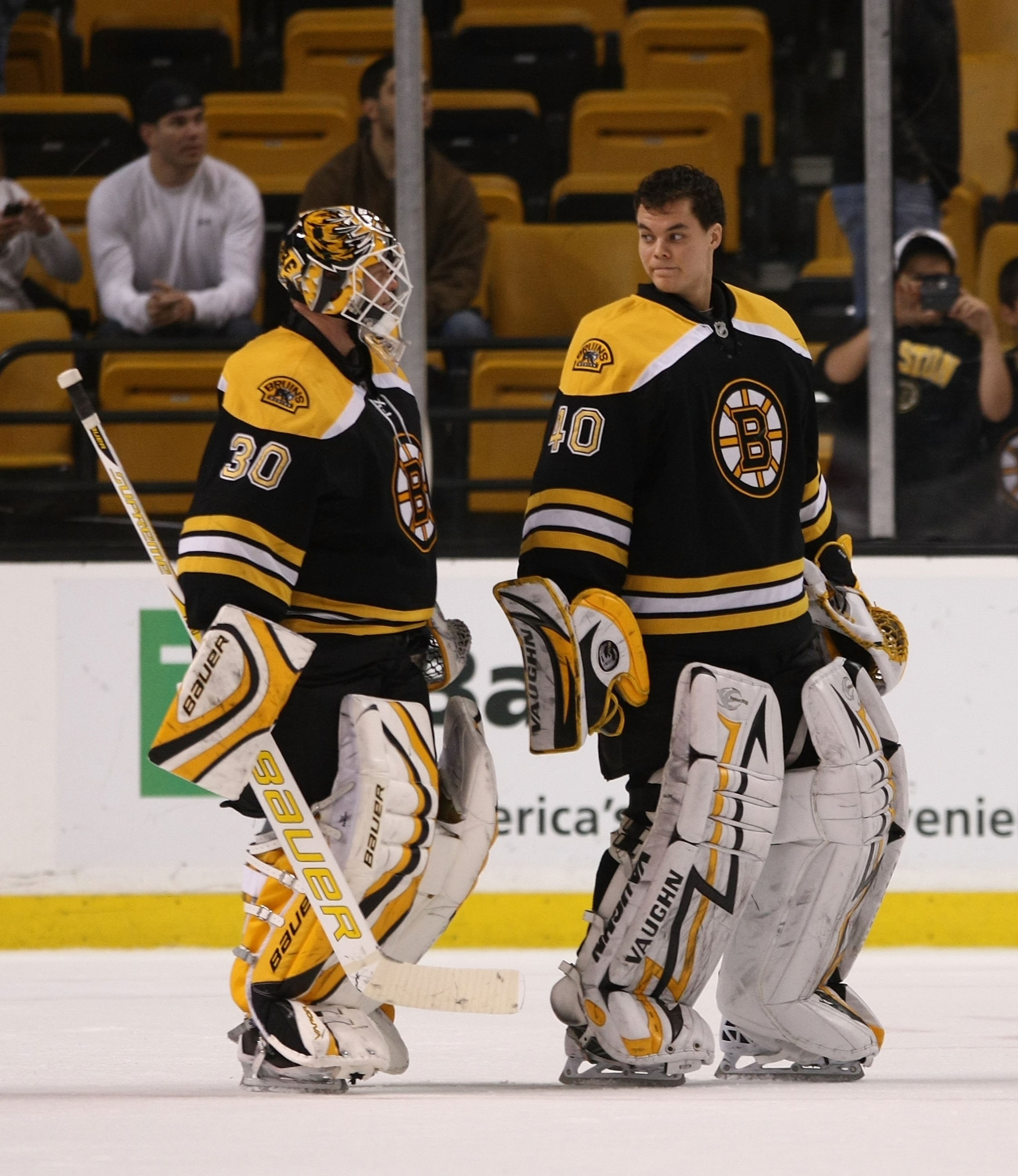 BOSTON - DECEMBER 02: Tim Thomas #30 (L) and Tuukka Rask #40 (R) of the Boston Bruins leaves the ice after their game against the Tampa Bay Lightning at the TD Bank Garden on December 2, 2009 in Boston, Massachusetts. (Photo by Bruce Bennett/Getty Images) BOSTON - DECEMBER 02: Tim Thomas #30 (L) and Tuukka Rask #40 (R) of the Boston Bruins leaves the ice after their game against the Tampa Bay Lightning at the TD Bank Garden on December 2, 2009 in Boston, Massachusetts. (Photo by Bruce Bennett/Getty Images)