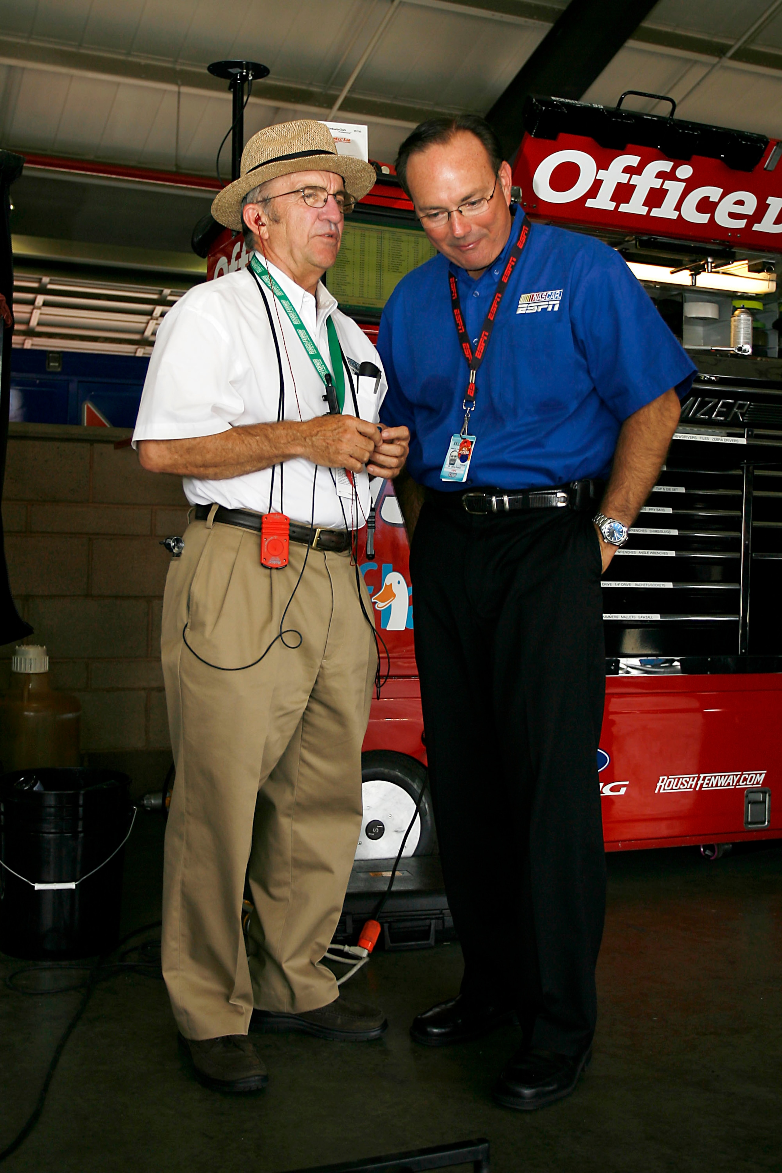 FONTANA, CA - AUGUST 29: Roush-Fenway owner Jack Roush, speaks with ESPN commentator Dr. Jerry Punch, during practice for the NASCAR Sprint Cup Series Pepsi 500 at Auto Club Speedway on August 29, 2008 in Fontana, California. (Photo by Jason Smith/Getty FONTANA, CA - AUGUST 29: Roush-Fenway owner Jack Roush, speaks with ESPN commentator Dr. Jerry Punch, during practice for the NASCAR Sprint Cup Series Pepsi 500 at Auto Club Speedway on August 29, 2008 in Fontana, California. (Photo by Jason Smith/Getty