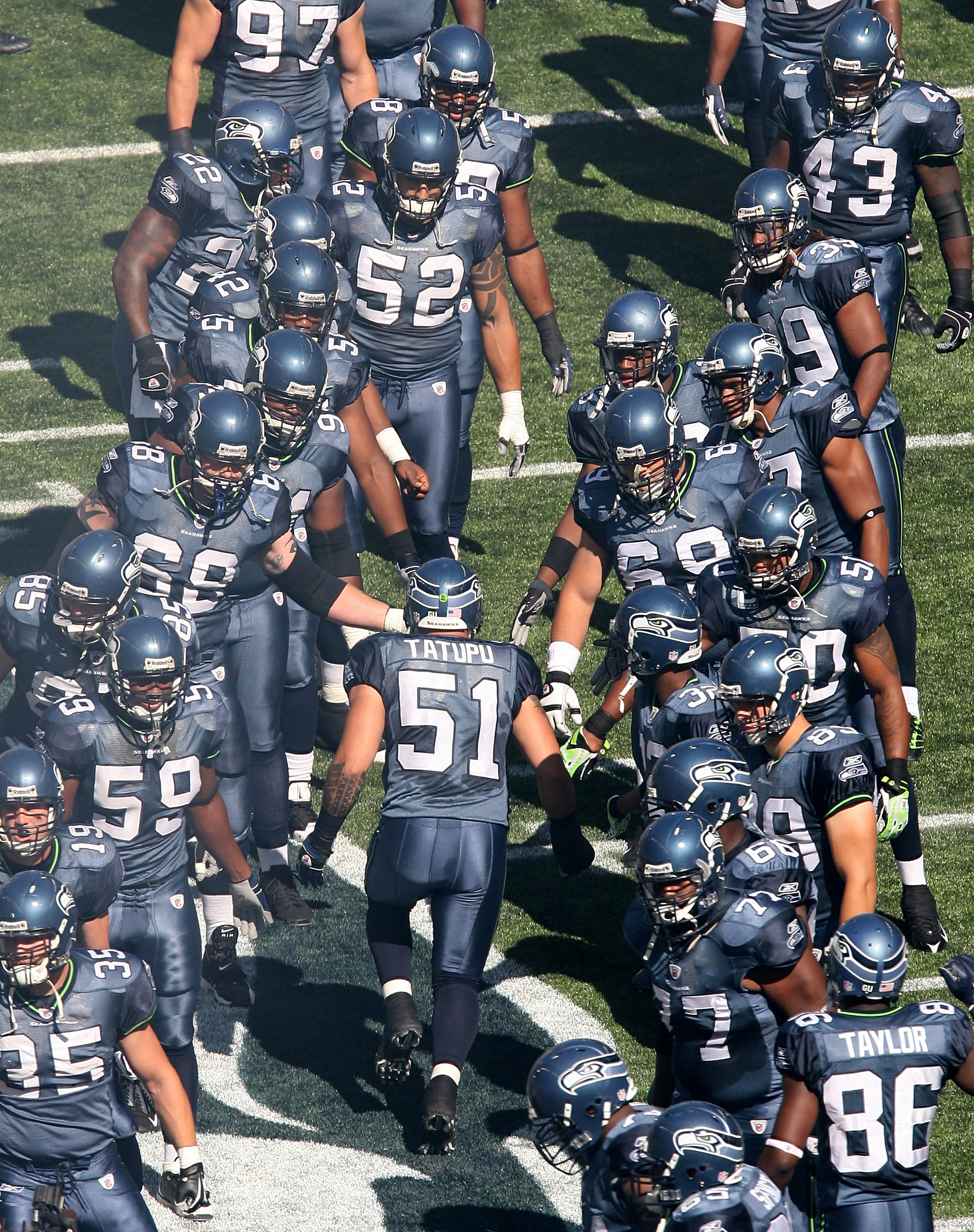 SEATTLE - SEPTEMBER 14:  Lofa Tatupu #51 of the Seattle Seahawks is introduced during opening ceremonies prior to the game against the San Francisco 49ers on September 14, 2008 at Qwest Field in Seattle Washington. (Photo by Otto Greule Jr/Getty Images)