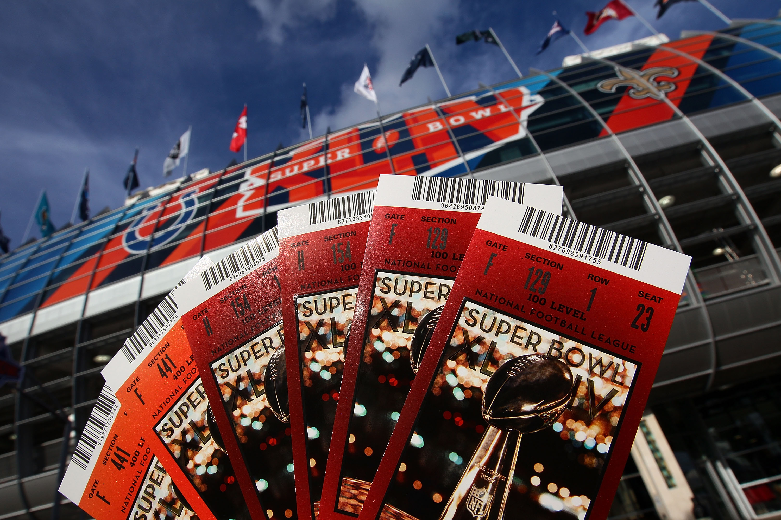 MIAMI - FEBRUARY 04: Tickets for Super Bowl XLIV are shown outside Sun Life Stadium February 4, 2010 in Miami, Florida. The Indianapolis Colts will play the New Orleans Saints in the NFL's championship game Sunday February 7, 2010. (Photo by Win McNamee MIAMI - FEBRUARY 04: Tickets for Super Bowl XLIV are shown outside Sun Life Stadium February 4, 2010 in Miami, Florida. The Indianapolis Colts will play the New Orleans Saints in the NFL's championship game Sunday February 7, 2010. (Photo by Win McNamee