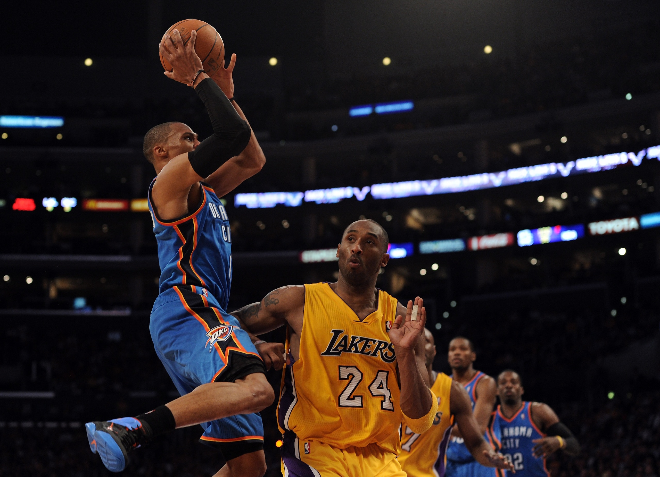 LOS ANGELES, CA - JANUARY 17: Russell Westbrook #0 of the Oklahoma City Thunder shoots a jumper over Kobe Bryant #24 of the Los Angeles Lakers during a 101-94 Laker win at the Staples Center on January 17, 2011 in Los Angeles, California. NOTE TO USER LOS ANGELES, CA - JANUARY 17: Russell Westbrook #0 of the Oklahoma City Thunder shoots a jumper over Kobe Bryant #24 of the Los Angeles Lakers during a 101-94 Laker win at the Staples Center on January 17, 2011 in Los Angeles, California. NOTE TO USER