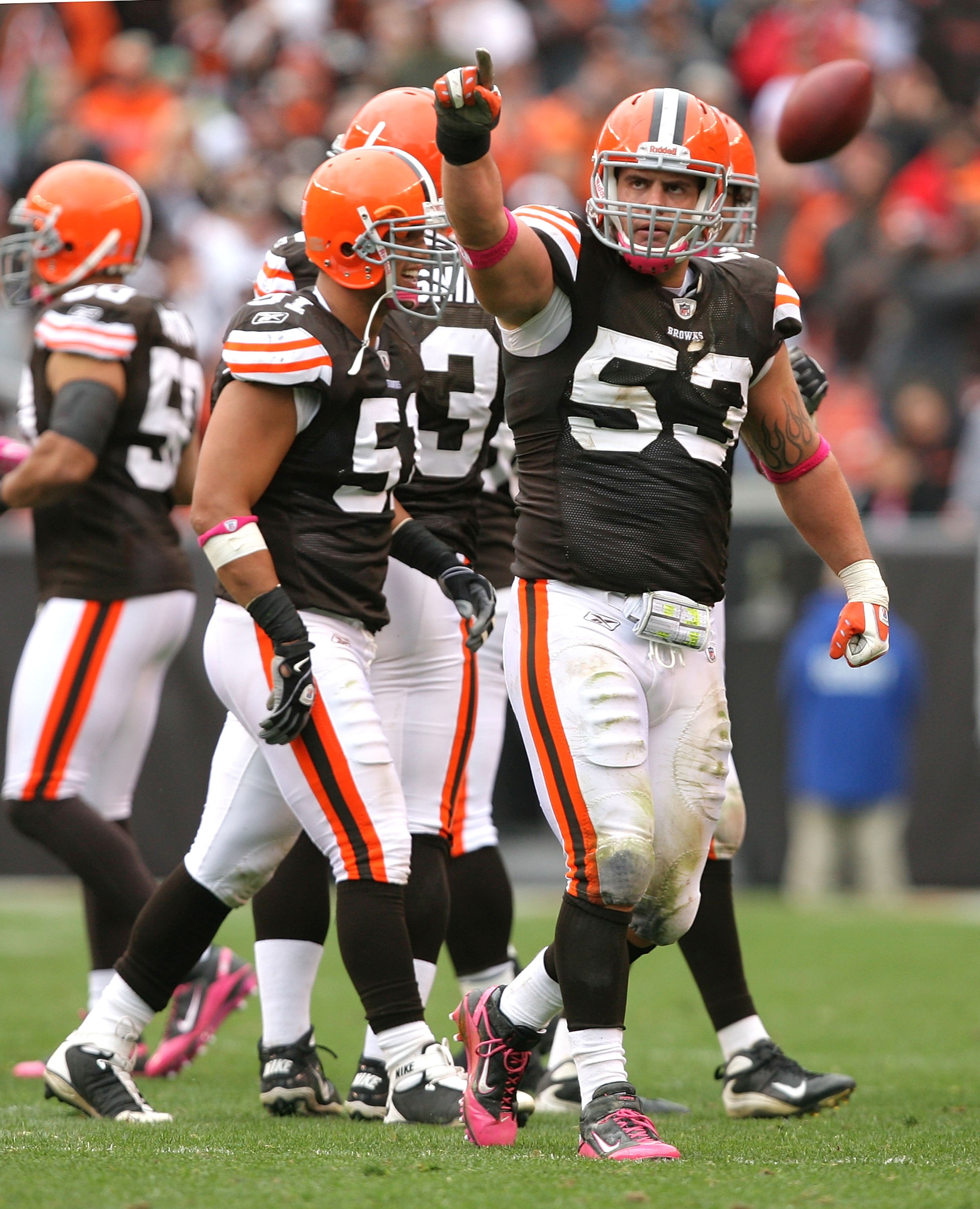 CLEVELAND - OCTOBER 03: Matt Roth #53 of the Cleveland Browns celebrates after sacking quarterback Carson Palmer #9 of the Cincinnati Bengals at Cleveland Browns Stadium on October 3, 2010 in Cleveland, Ohio. (Photo by Matt Sullivan/Getty Images) CLEVELAND - OCTOBER 03: Matt Roth #53 of the Cleveland Browns celebrates after sacking quarterback Carson Palmer #9 of the Cincinnati Bengals at Cleveland Browns Stadium on October 3, 2010 in Cleveland, Ohio. (Photo by Matt Sullivan/Getty Images)