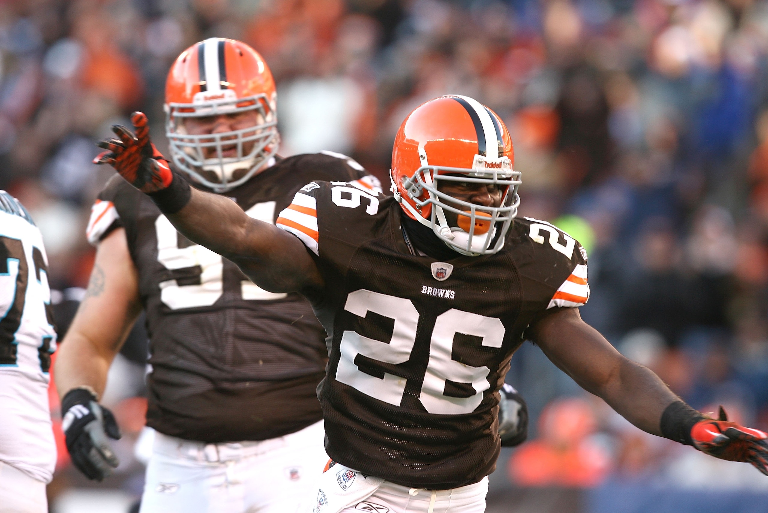 CLEVELAND - NOVEMBER 28: Defensive players Abram Elam #26 and Brian Schaefering #91 of the Cleveland Browns celebrate after their game against the Carolina Panthers at Cleveland Browns Stadium on November 28, 2010 in Cleveland, Ohio. (Photo by Matt Sull CLEVELAND - NOVEMBER 28: Defensive players Abram Elam #26 and Brian Schaefering #91 of the Cleveland Browns celebrate after their game against the Carolina Panthers at Cleveland Browns Stadium on November 28, 2010 in Cleveland, Ohio. (Photo by Matt Sull
