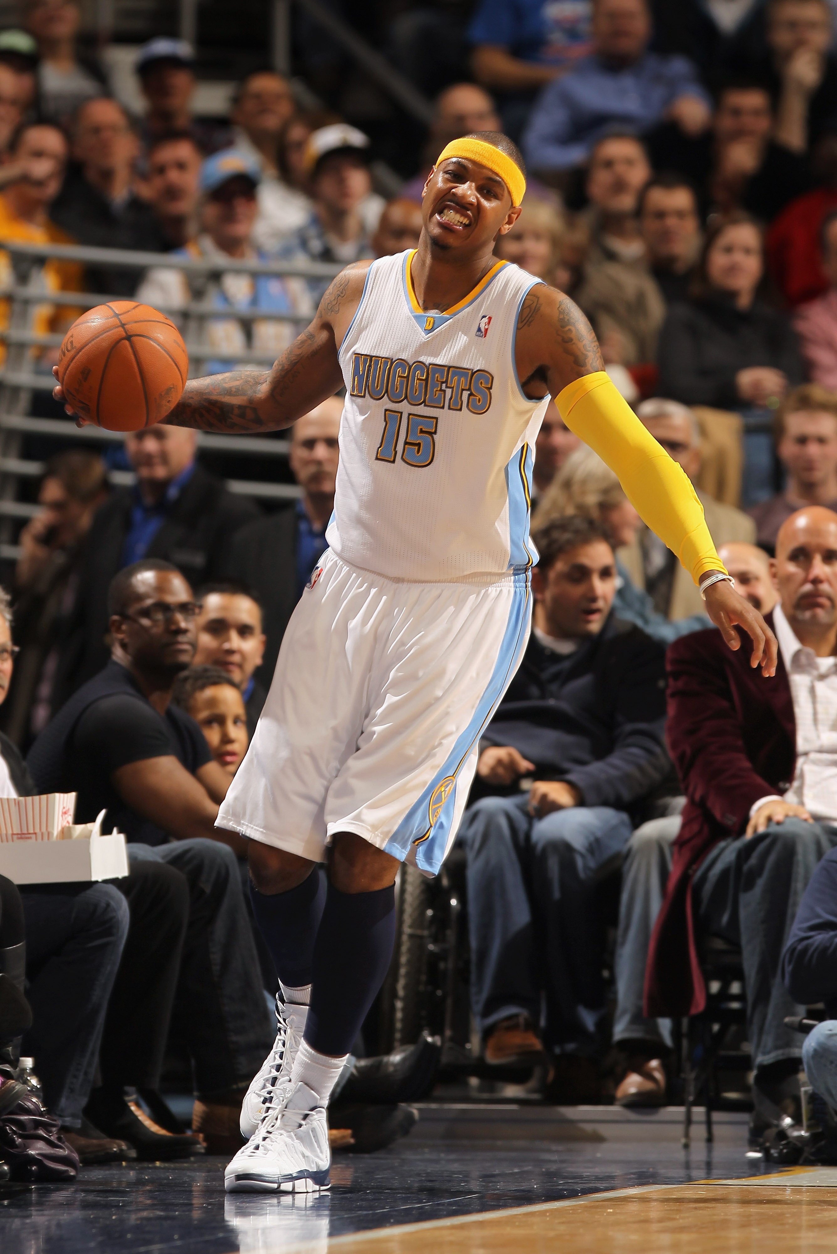 DENVER, CO - JANUARY 13:  Carmelo Anthony #15 of the Denver Nuggets reacts as the ball goes out of bounds against the Miami Heat at the Pepsi Center on January 13, 2011 in Denver, Colorado. The Nuggets defeated the Heat 130-102. NOTE TO USER: User express