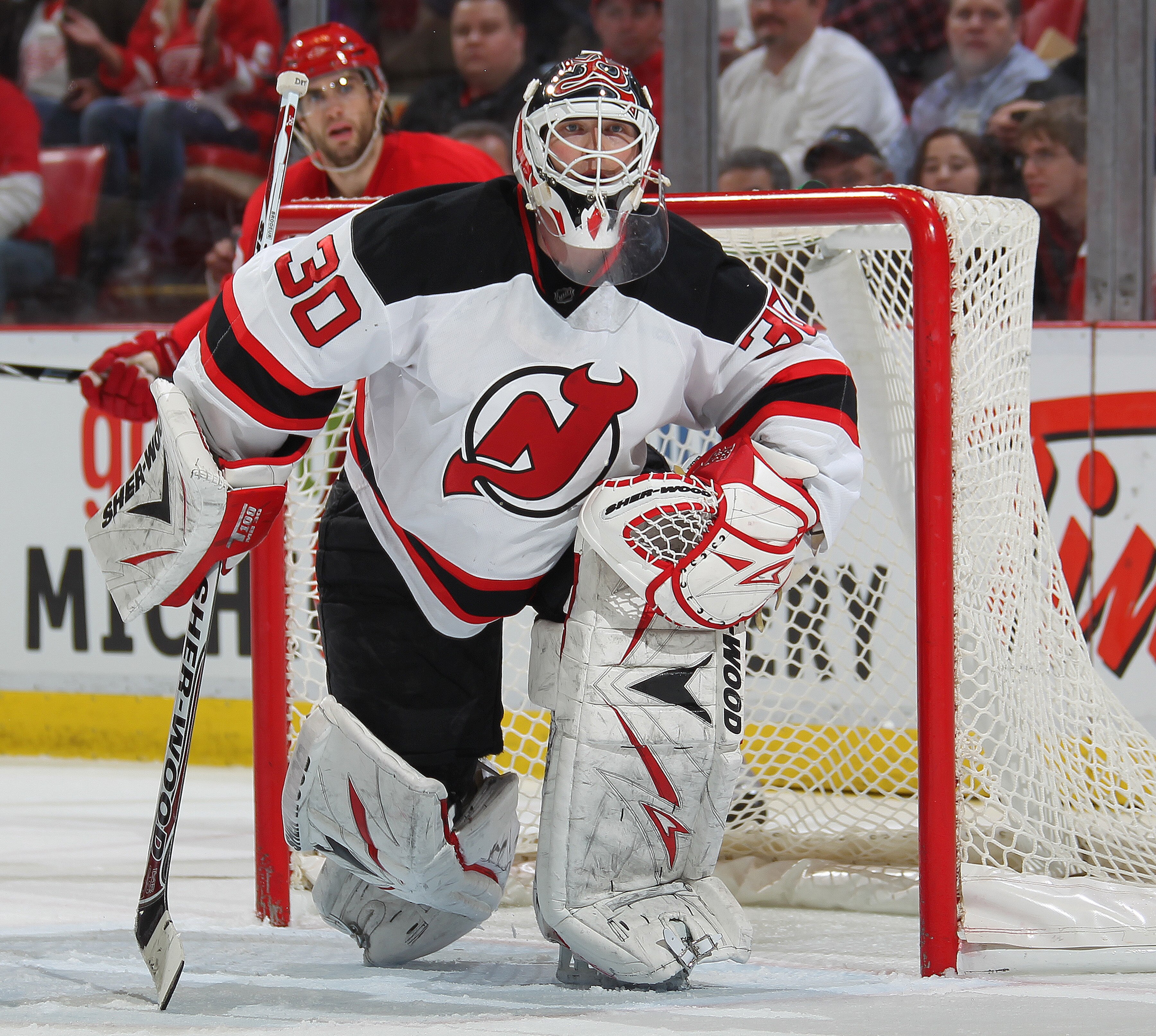 DETROIT, MI - JANUARY 26:  Martin Brodeur #30 of the New Jersey Devils watches for a shot in a game against the Detroit Red Wings on January 26, 2011 at the Joe Louis Arena in Detroit, Michigan. The Wings defeated the Devils 3-1. (Photo by Claus Andersen/