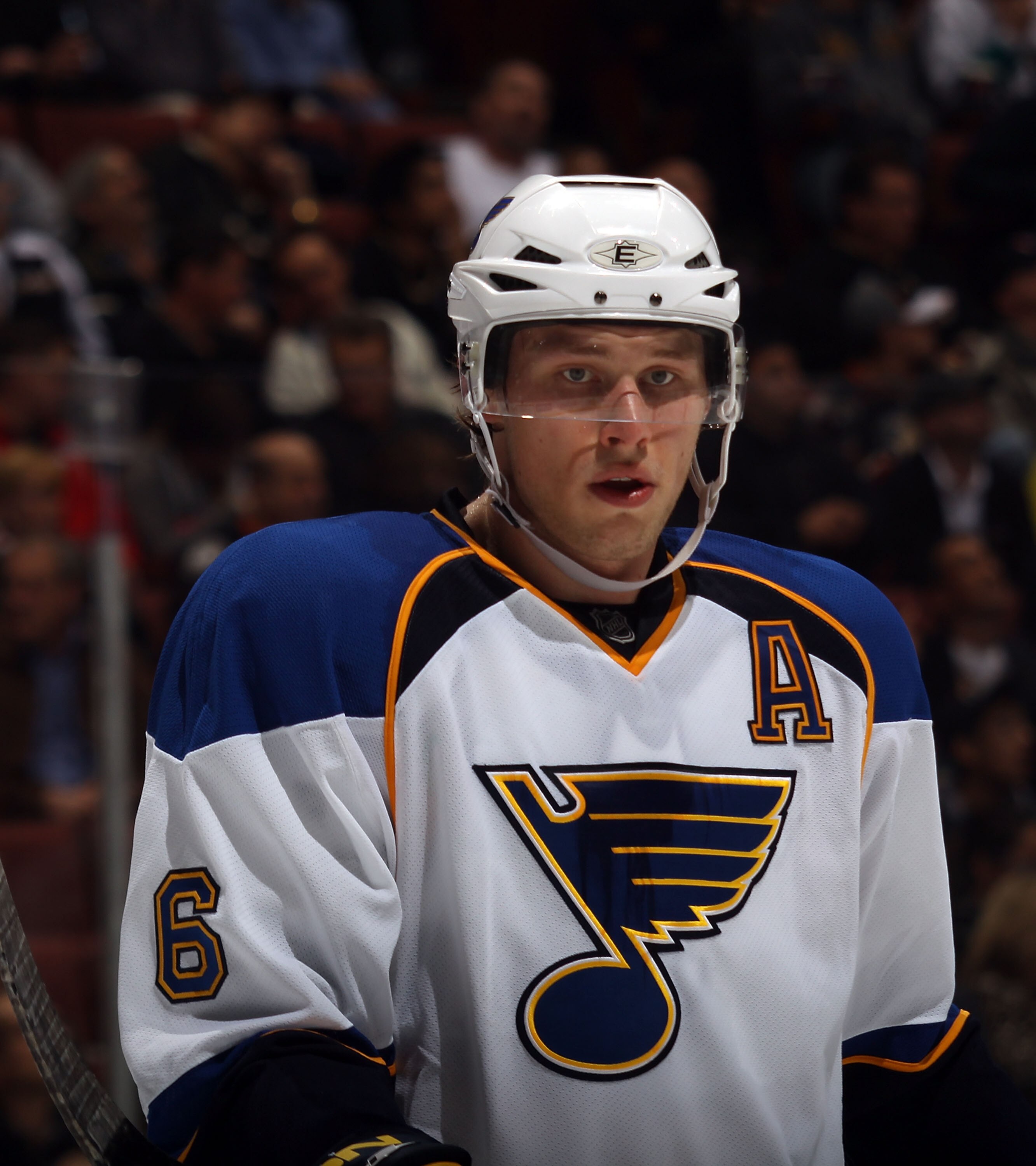 ANAHEIM, CA - JANUARY 12: Erik Johnson #6 of the St. Louis Blues skates against the Anaheim Ducks at the Honda Center on January 12, 2011 in Anaheim, California.  (Photo by Bruce Bennett/Getty Images)