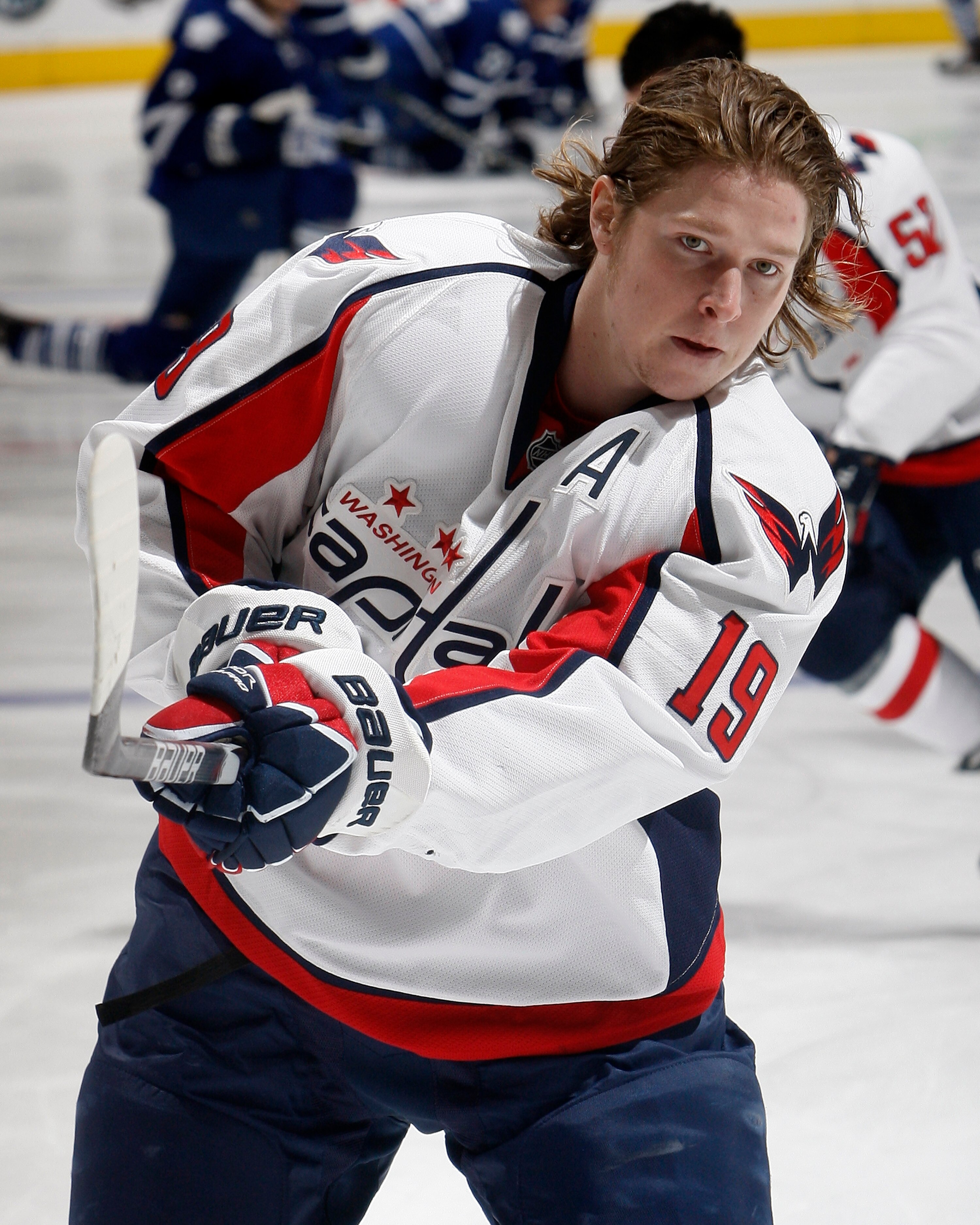 TORONTO, CANADA - JANUARY 22: Nicklas Backstrom #19 of the Washington Capitals shoots during warmup before game action at the Air Canada Centre January 22, 2011 in Toronto, Ontario, Canada. (Photo by Abelimages/Getty Images)