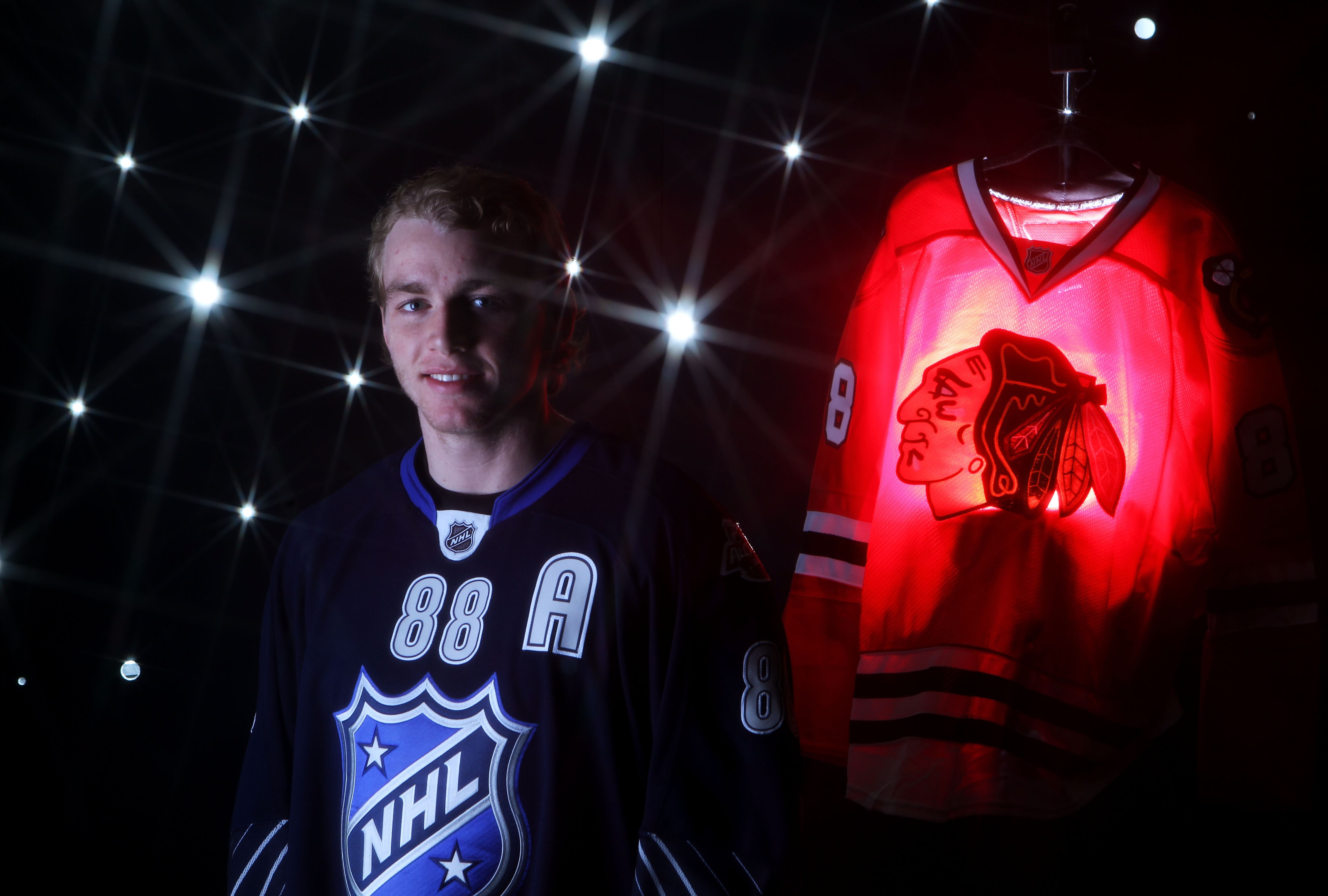 RALEIGH, NC - JANUARY 30:  (EDITORS NOTE: A special effects camera filter was used for this image.) Patrick Kane #88 of the Chicago Blackhawks for Team Lidstrom poses for a portrait before the 58th NHL All-Star Game at RBC Center on January 30, 2011 in Ra