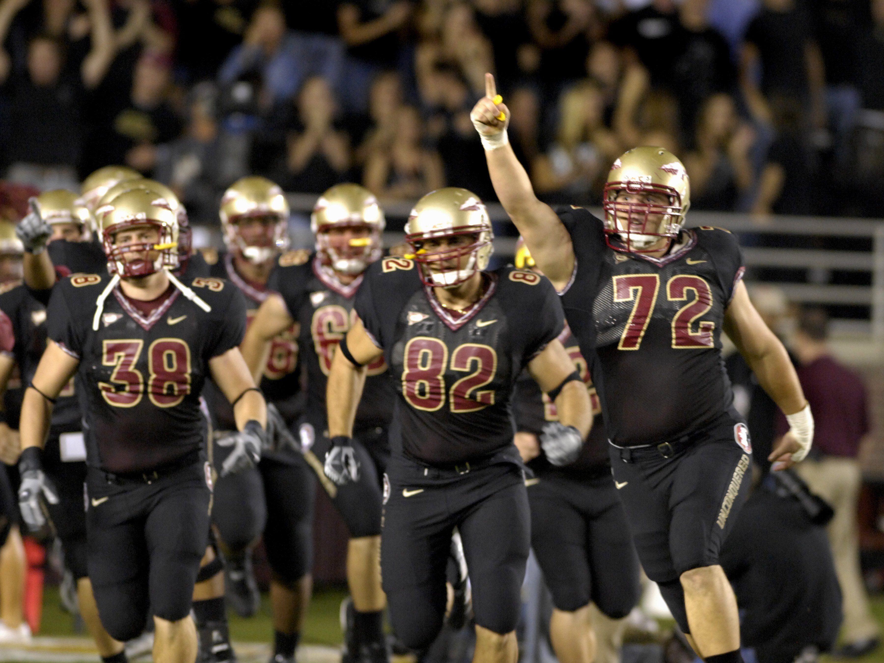 TALLAHASSEE, FL - OCTOBER 27: Defensive tackle Budd Thacker #72 of the Florida State Seminoles enthusiastically enters the field before play against the Duke Blue Devils at Doak Campbell Stadium on October 27, 2007 in Tallahassee, Florida.  FSU won 25-6.