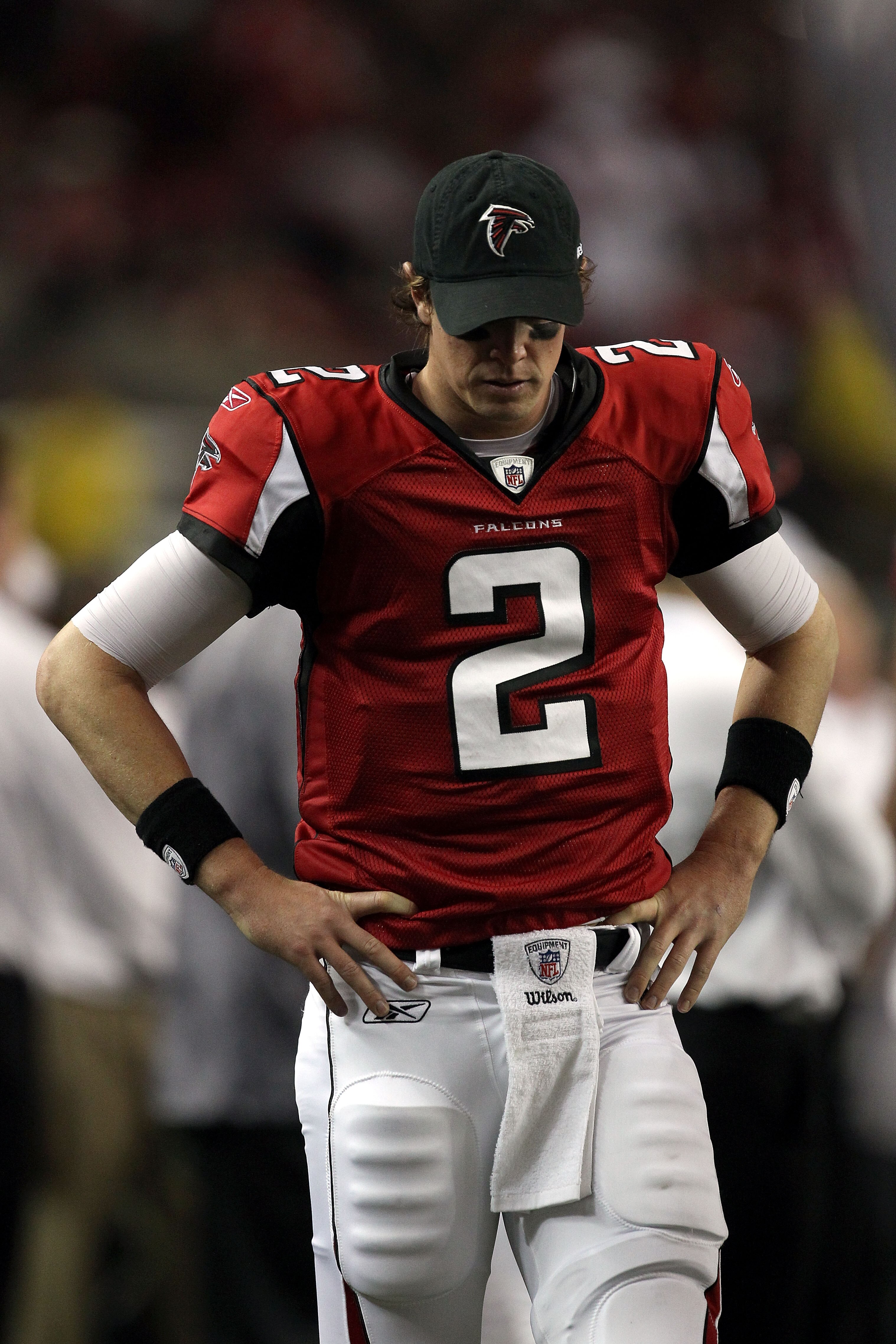 ATLANTA, GA - JANUARY 15:  Matt Ryan #2 of the Atlanta Falcons looks on against the Green Bay Packers during their 2011 NFC divisional playoff game at Georgia Dome on January 15, 2011 in Atlanta, Georgia. The Packers won 48-21.  (Photo by Streeter Lecka/G