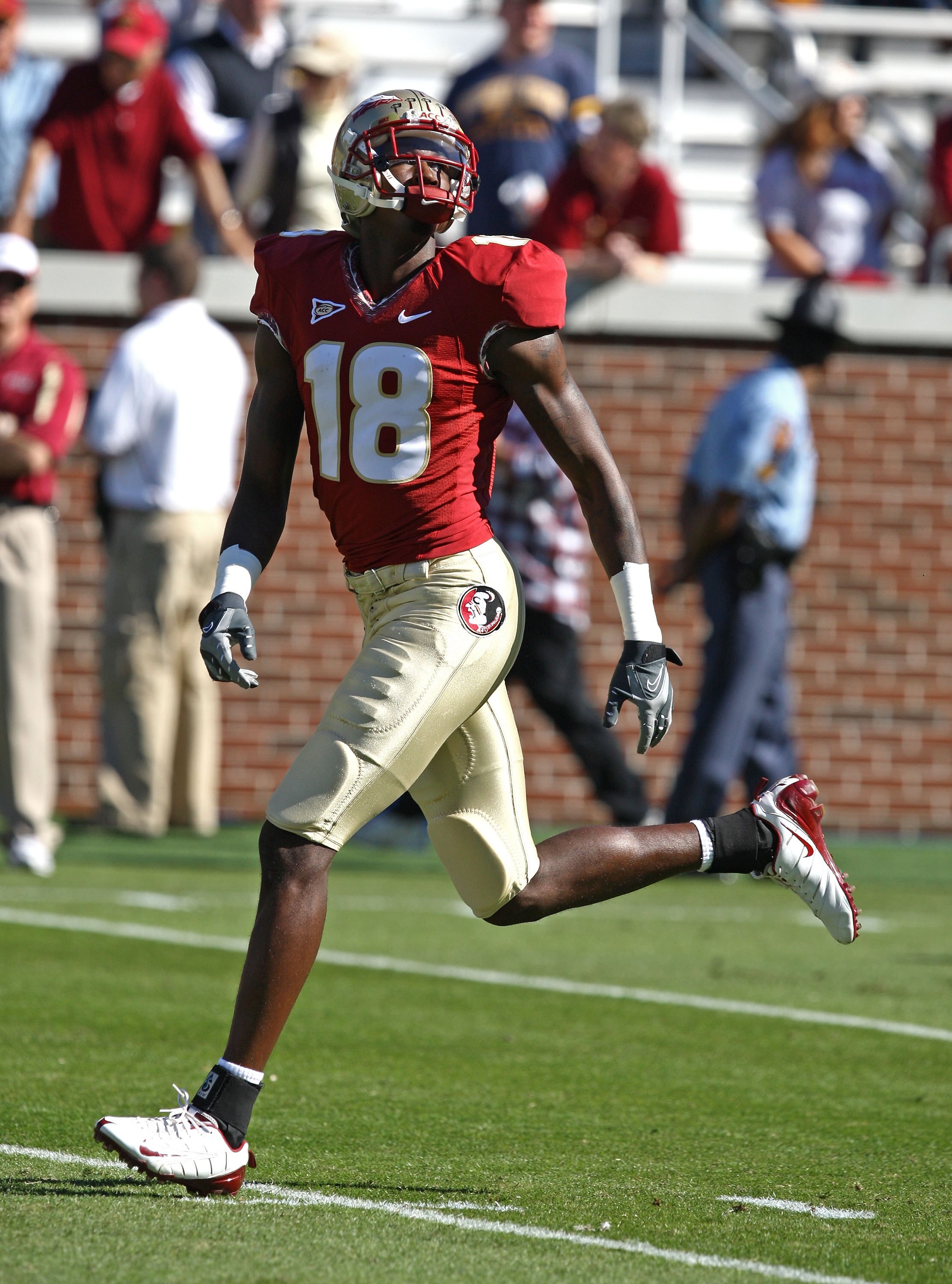 ATLANTA - NOVEMBER 1:  Wide receiver Greg Carr #18 of the Florida State Seminoles runs a practice route during pre-game warmups before the game against the Georgia Tech Yellow Jackets at Bobby Dodd Stadium at Historic Grant Field on November 1, 2008 in At