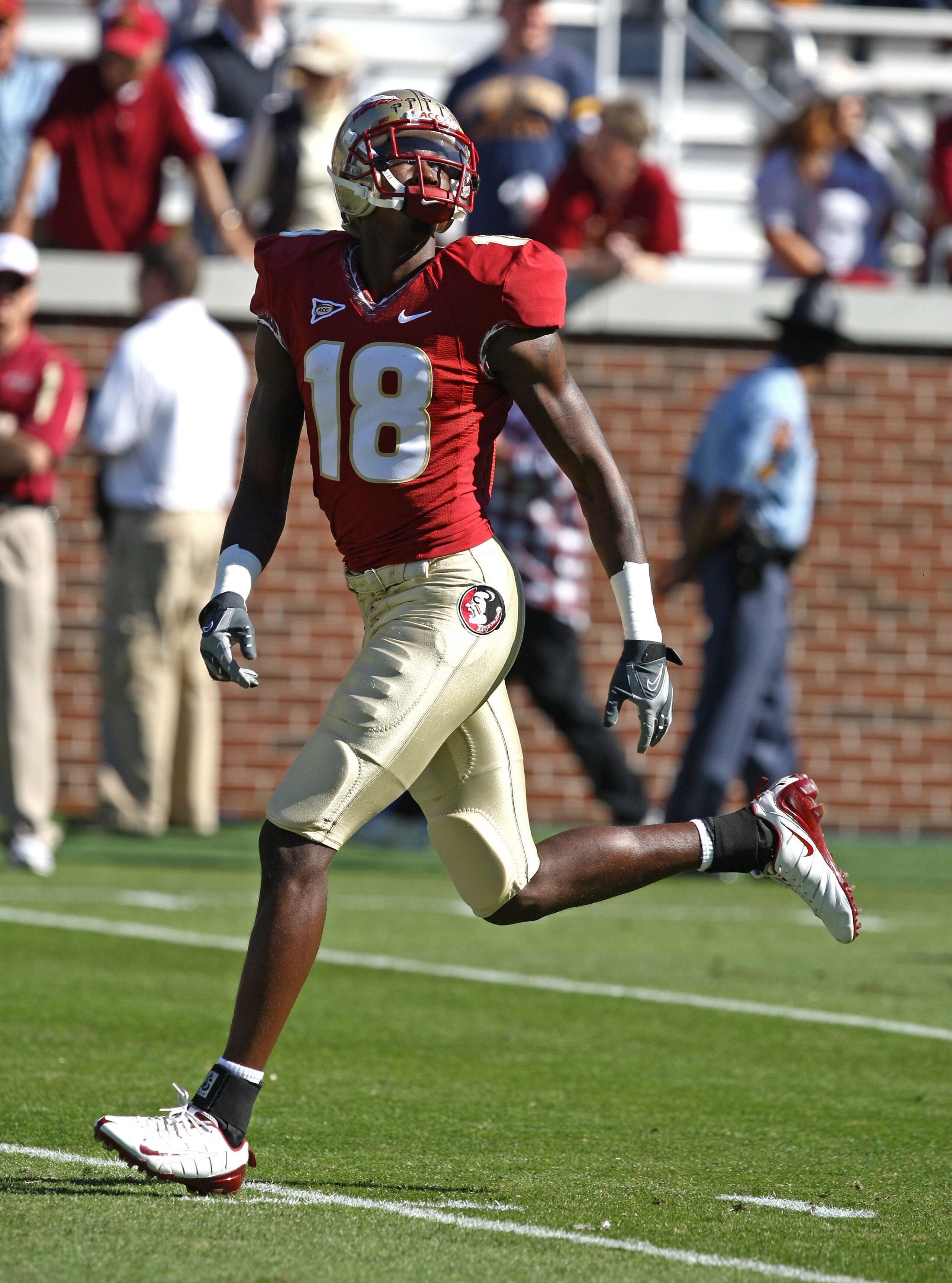 ATLANTA - NOVEMBER 1:  Wide receiver Greg Carr #18 of the Florida State Seminoles runs a practice route during pre-game warmups before the game against the Georgia Tech Yellow Jackets at Bobby Dodd Stadium at Historic Grant Field on November 1, 2008 in At