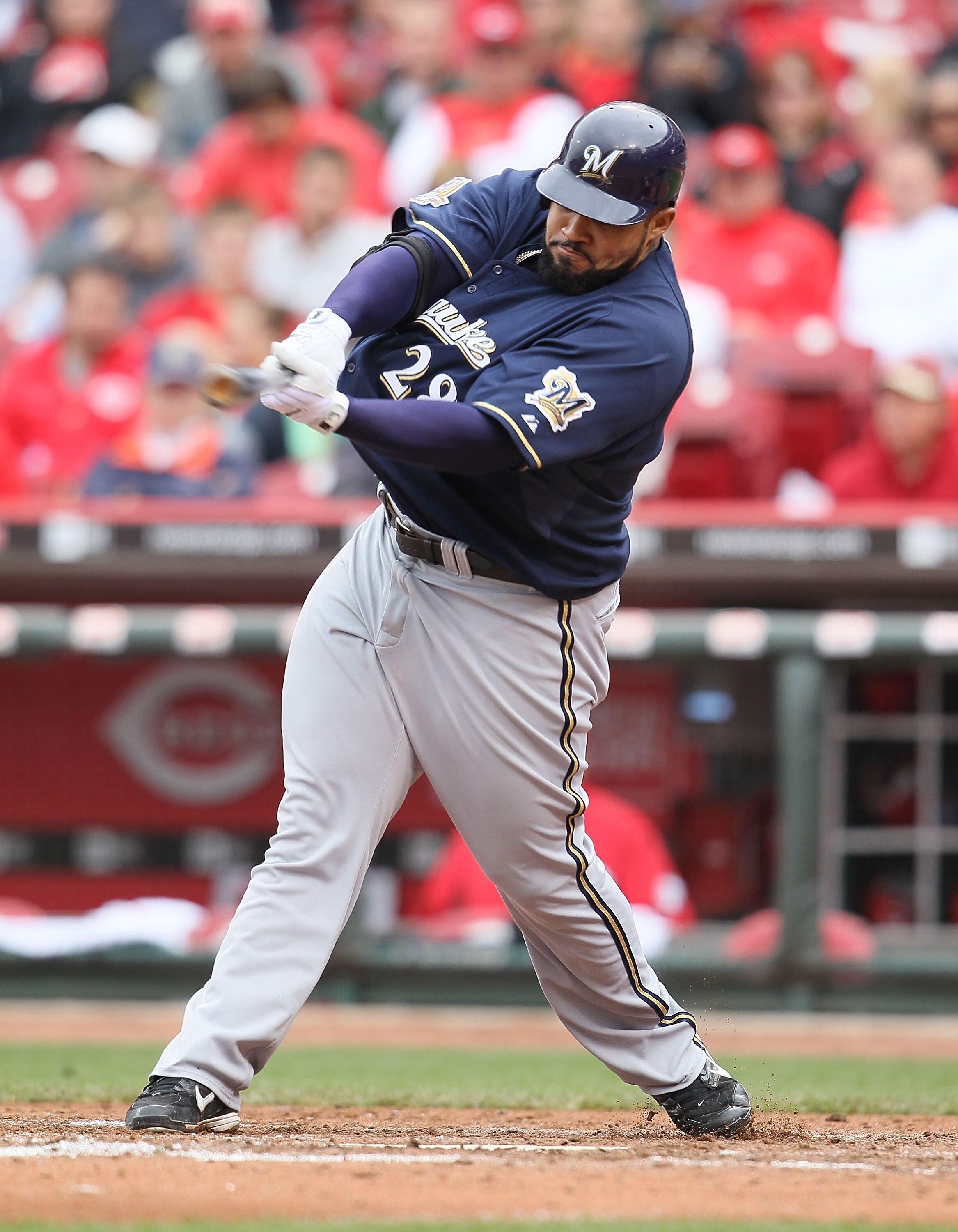 CINCINNATI - MAY 18:  Prince Fielder #28 of the Milwaukee Brewers swings at a pitch during the game against the Cincinnati Reds at Great American Ball Park on May 18, 2010 in Cincinnati, Ohio.  (Photo by Andy Lyons/Getty Images)