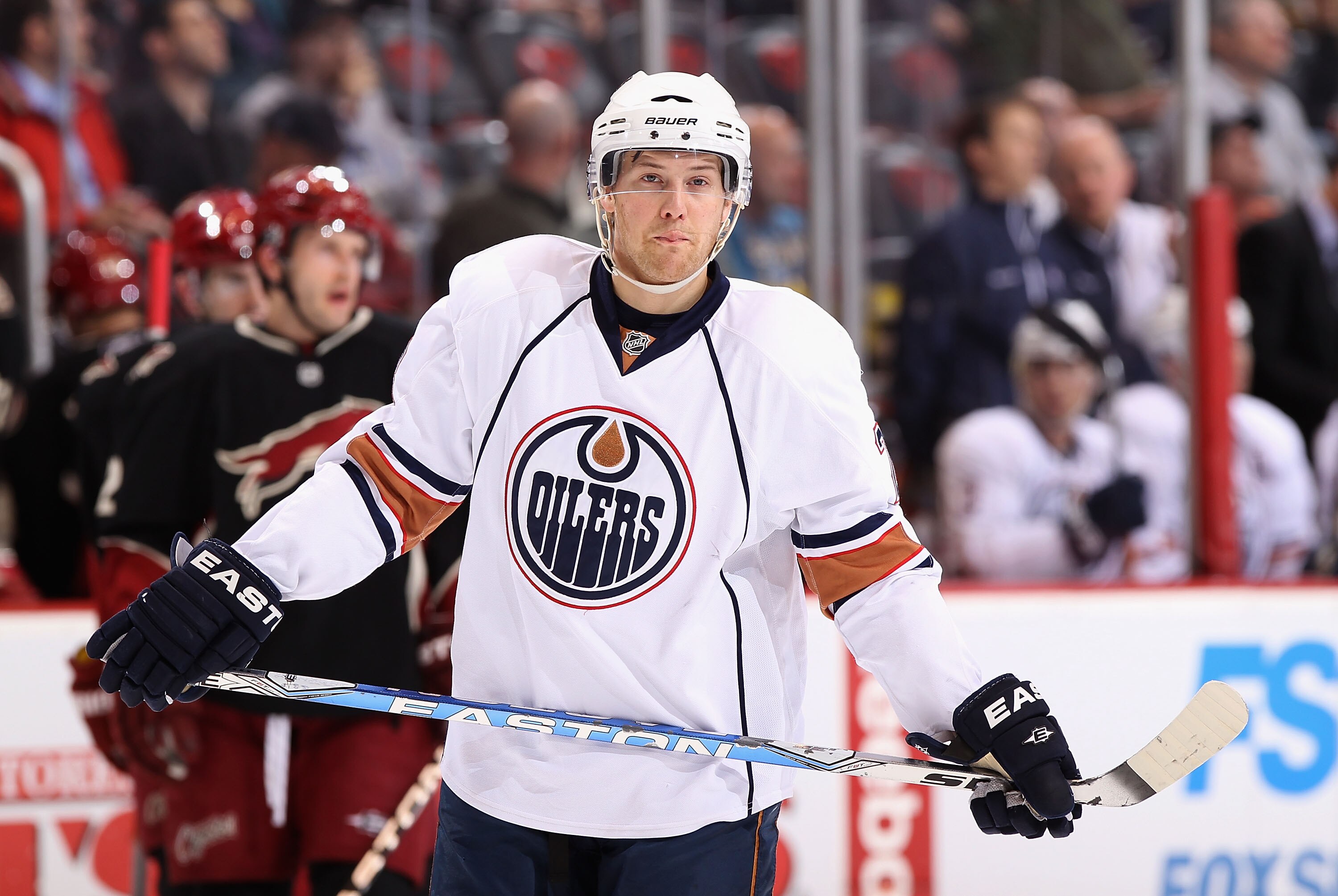 GLENDALE, AZ - JANUARY 25:  Linus Omark #23 of the Edmonton Oilers during the NHL game against the Phoenix Coyotes at Jobing.com Arena on January 25, 2011 in Glendale, Arizona.  The Oilers defeated the Coyotes 4-3.  (Photo by Christian Petersen/Getty Imag
