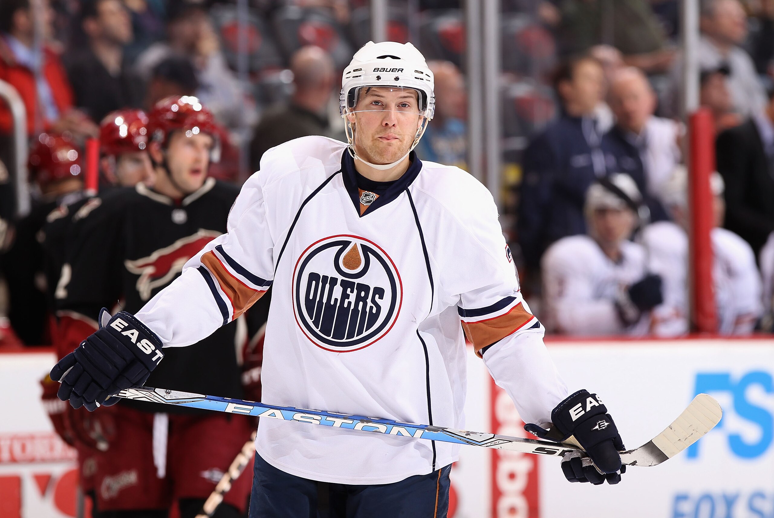 GLENDALE, AZ - JANUARY 25: Linus Omark #23 of the Edmonton Oilers during the NHL game against the Phoenix Coyotes at Jobing.com Arena on January 25, 2011 in Glendale, Arizona. The Oilers defeated the Coyotes 4-3. (Photo by Christian Petersen/Getty Imag GLENDALE, AZ - JANUARY 25: Linus Omark #23 of the Edmonton Oilers during the NHL game against the Phoenix Coyotes at Jobing.com Arena on January 25, 2011 in Glendale, Arizona. The Oilers defeated the Coyotes 4-3. (Photo by Christian Petersen/Getty Imag