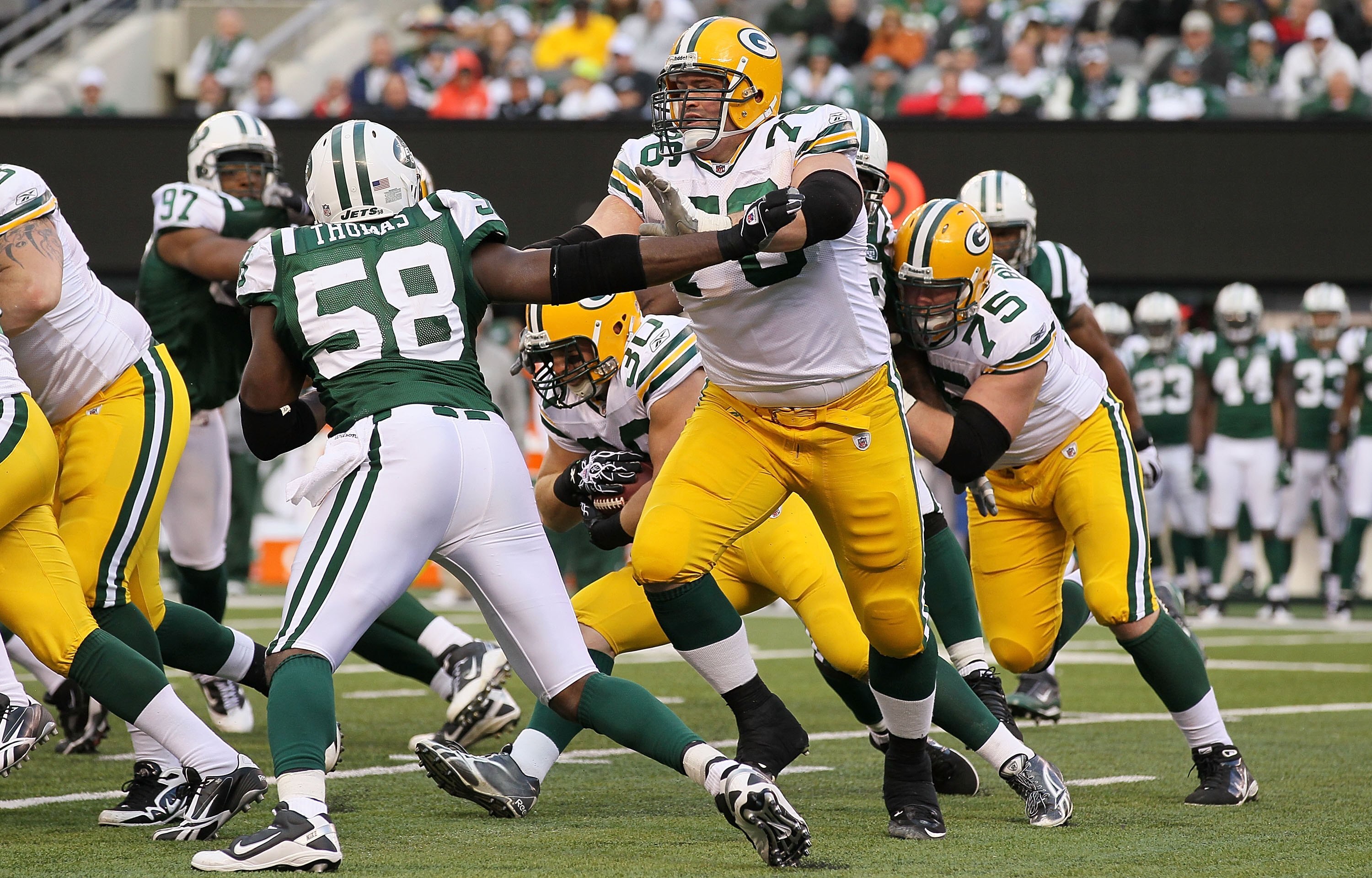 EAST RUTHERFORD, NJ - OCTOBER 31:  Chad Clifton #76 of the Green Bay Packers in action against the New York Jets on October 31, 2010 at the New Meadowlands Stadium in East Rutherford, New Jersey.The Packers defeated the Jets 9-0.  (Photo by Jim McIsaac/Ge