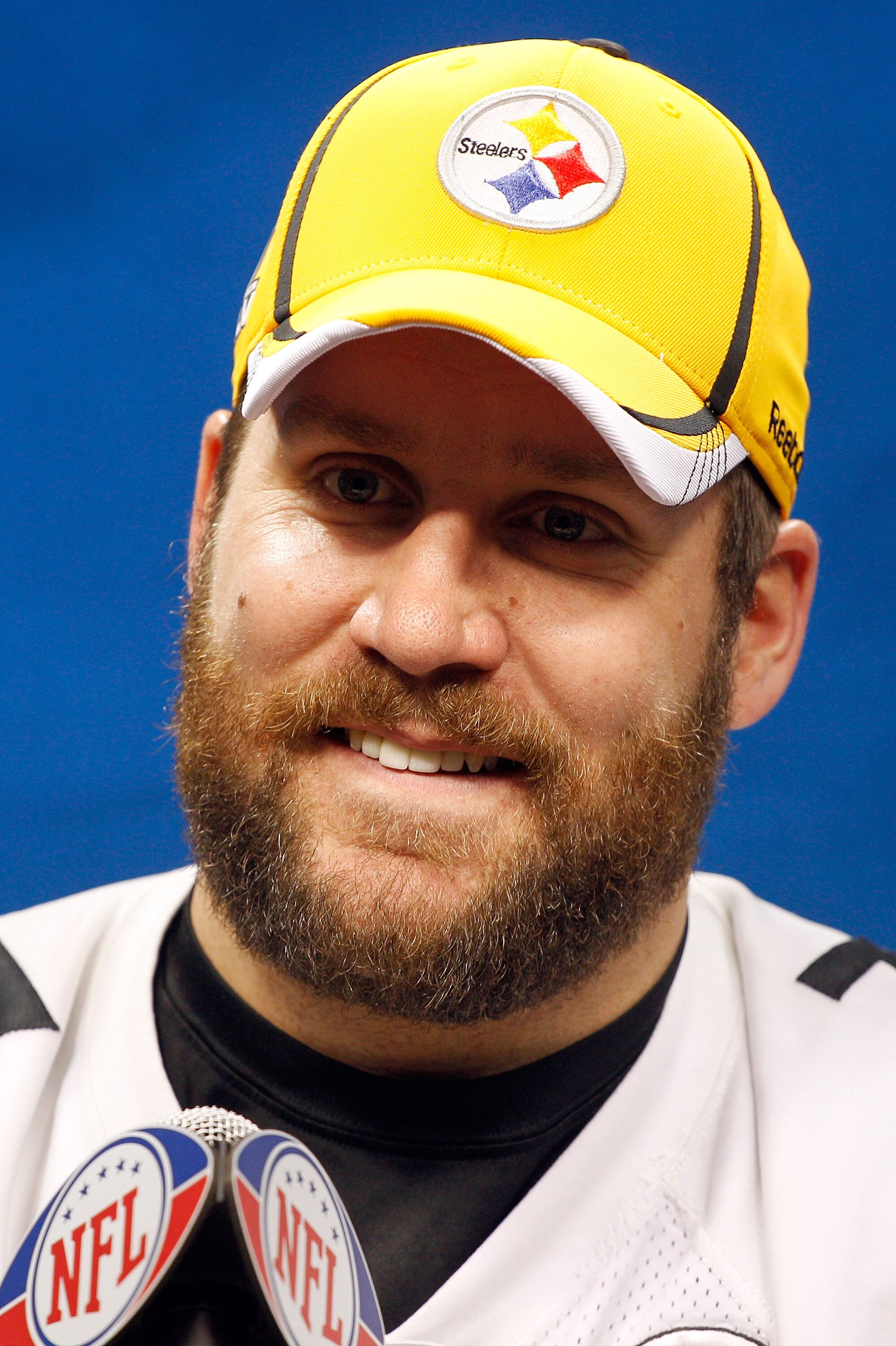 ARLINGTON, TX - FEBRUARY 01:  Quarterback Ben Roethlisberger #7 of the Pittsburgh Steelers addresses the media during Super Bowl XLV Media Day ahead of Super Bowl XLV at Cowboys Stadium on February 1, 2011 in Arlington, Texas. The Pittsburgh Steelers will
