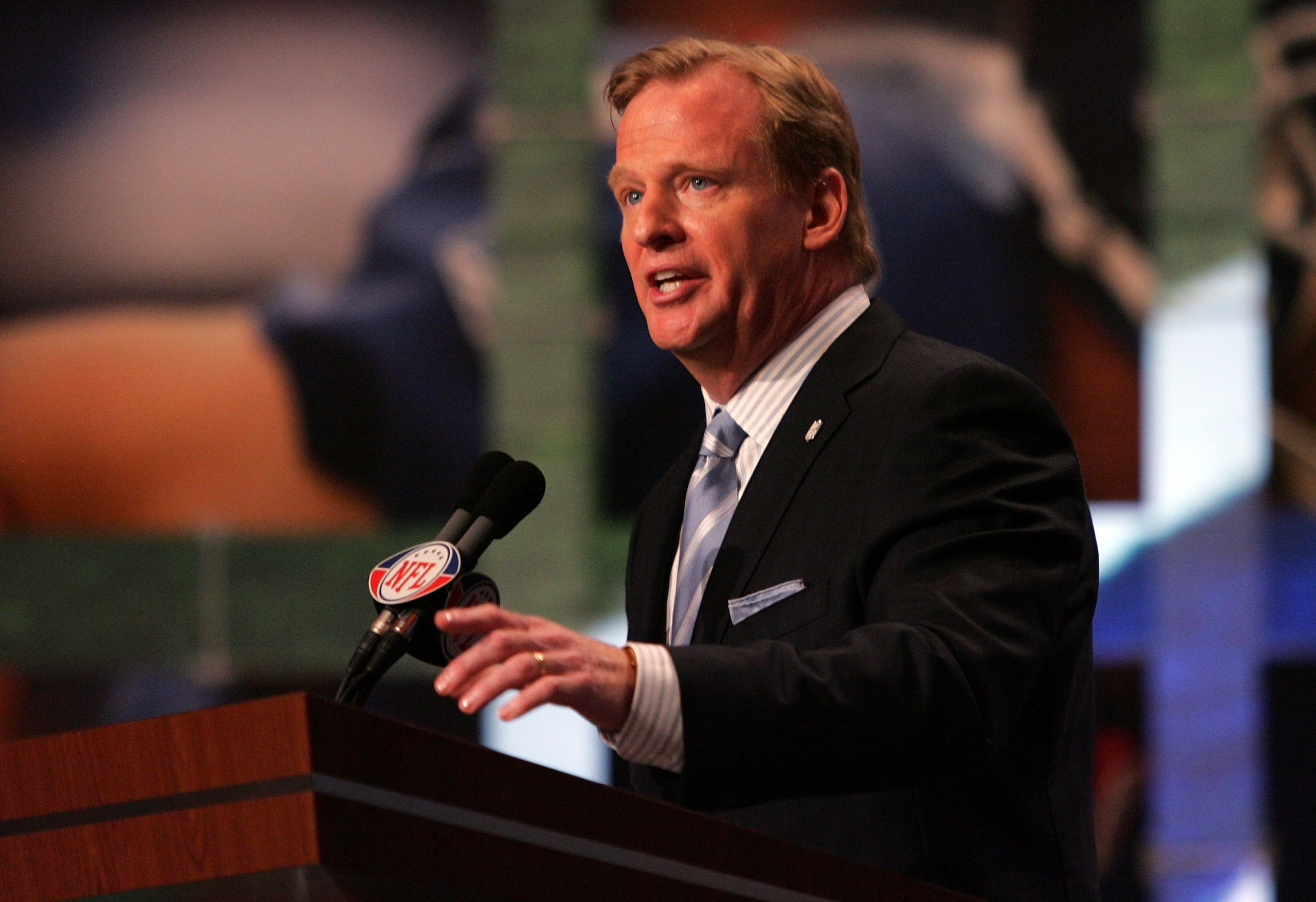 NEW YORK - APRIL 26:  National Football League Commissioner Roger Goodell introduces the first overall pick during the 2008 NFL Draft on April 26, 2008 at Radio City Music Hall in New York, New York.  (Photo by Jim McIsaac/Getty Images)