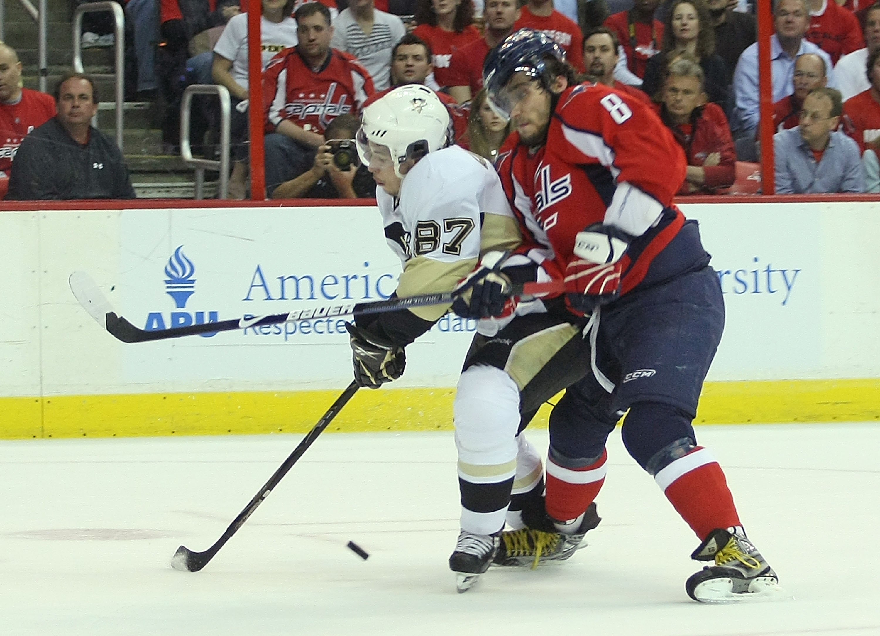 WASHINGTON - MAY 13:  Alex Ovechkin #8 of the Washington Capitals skates against Sidney Crosby #87 of the Pittsburgh Penguins during Game Seven of the Eastern Conference Semifinal  Round of the 2009 Stanley Cup Playoffs at Verizon Center on May 13, 2009 i