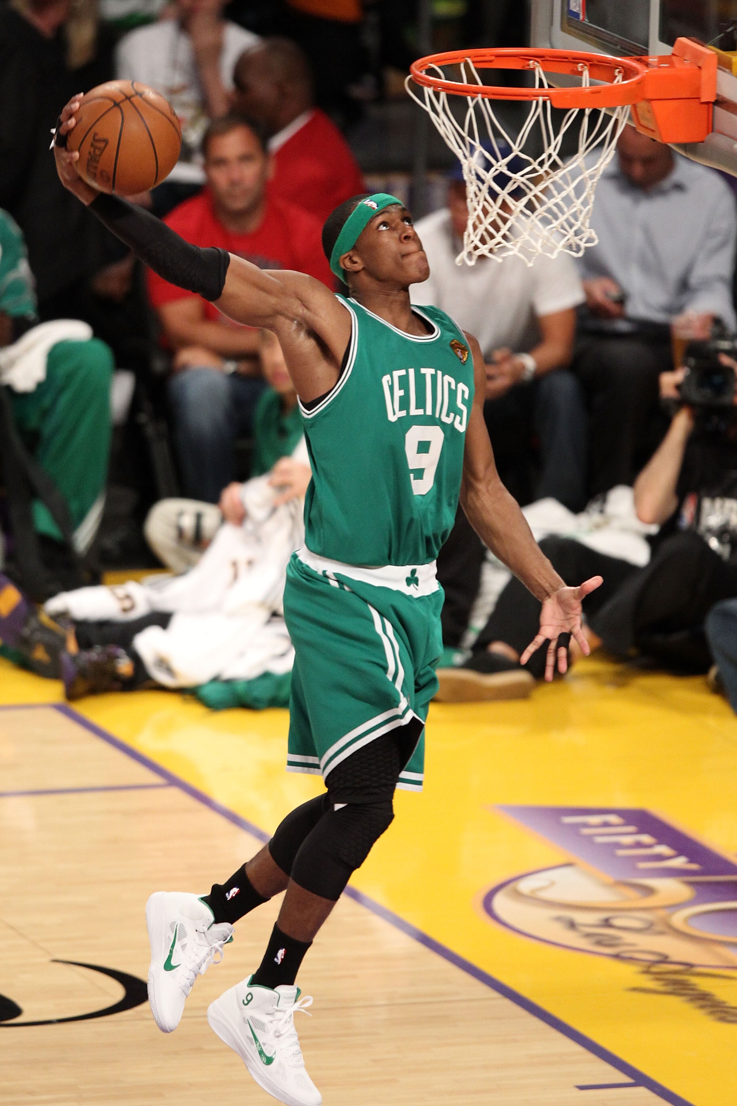 LOS ANGELES, CA - JUNE 03:  Rajon Rondo #9 of the Boston Celtics attempts a dunk against the Los Angeles Lakers in Game One of the 2010 NBA Finals at Staples Center on June 3, 2010 in Los Angeles, California.  NOTE TO USER: User expressly acknowledges and
