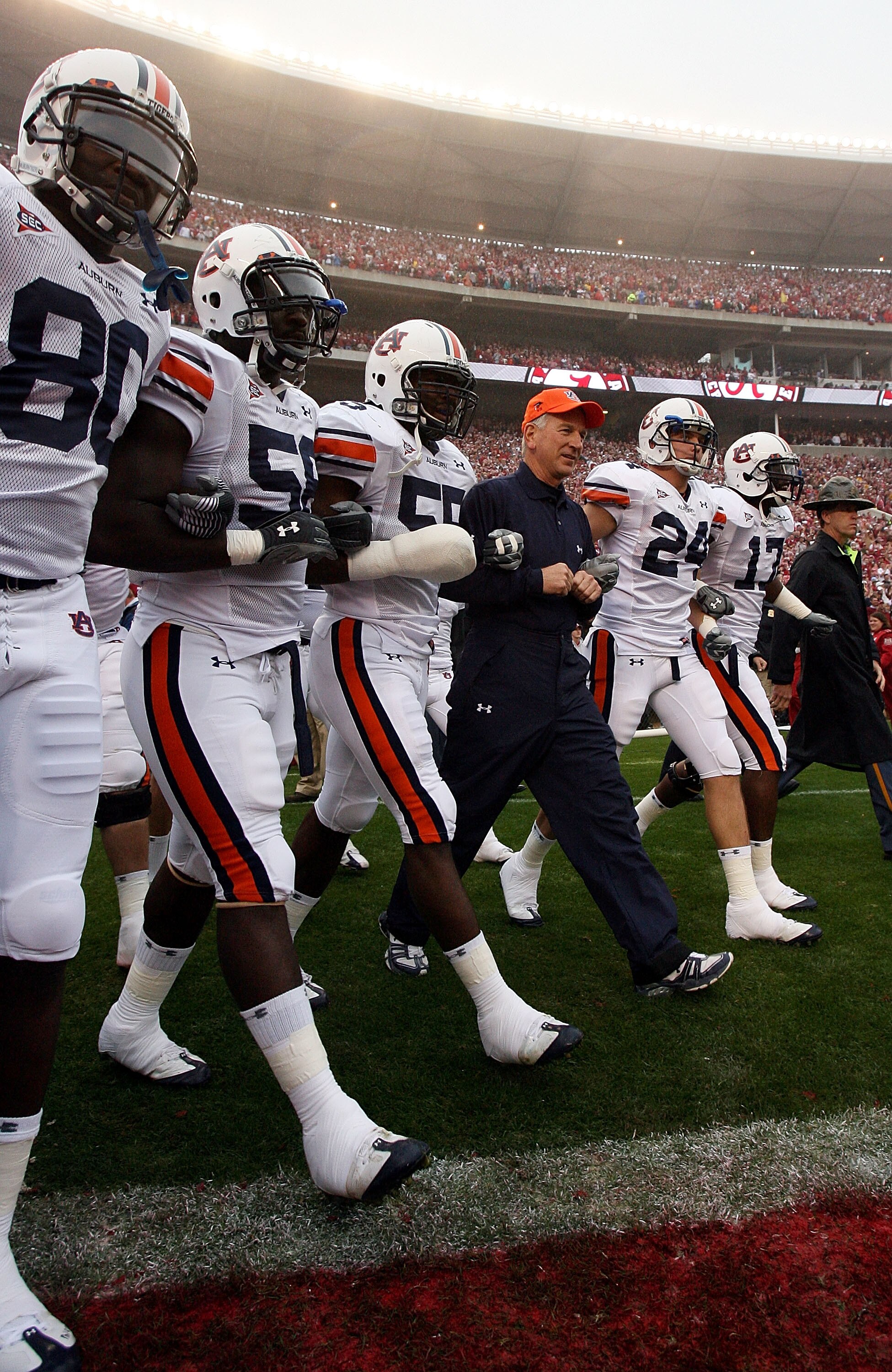 TUSCALOOSA, AL - NOVEMBER 29:  Head coach Tommy Tuberville of the Auburn Tigers leads his team onto the field before taking on the Alabama Crimson Tide at Bryant-Denny Stadium on November 29, 2008 in Tuscaloosa, Alabama.  (Photo by Doug Benc/Getty Images)