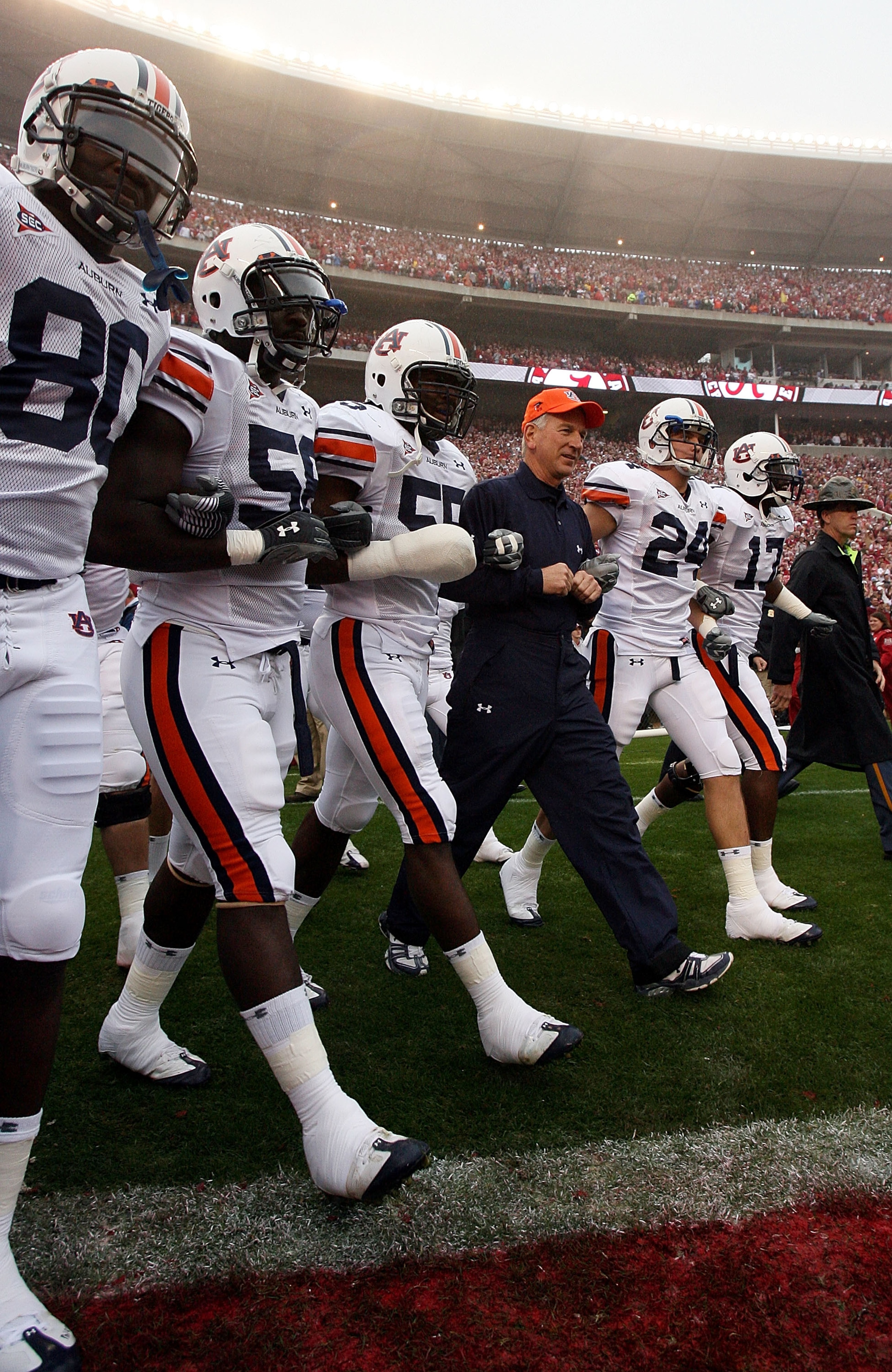 TUSCALOOSA, AL - NOVEMBER 29:  Head coach Tommy Tuberville of the Auburn Tigers leads his team onto the field before taking on the Alabama Crimson Tide at Bryant-Denny Stadium on November 29, 2008 in Tuscaloosa, Alabama.  (Photo by Doug Benc/Getty Images)