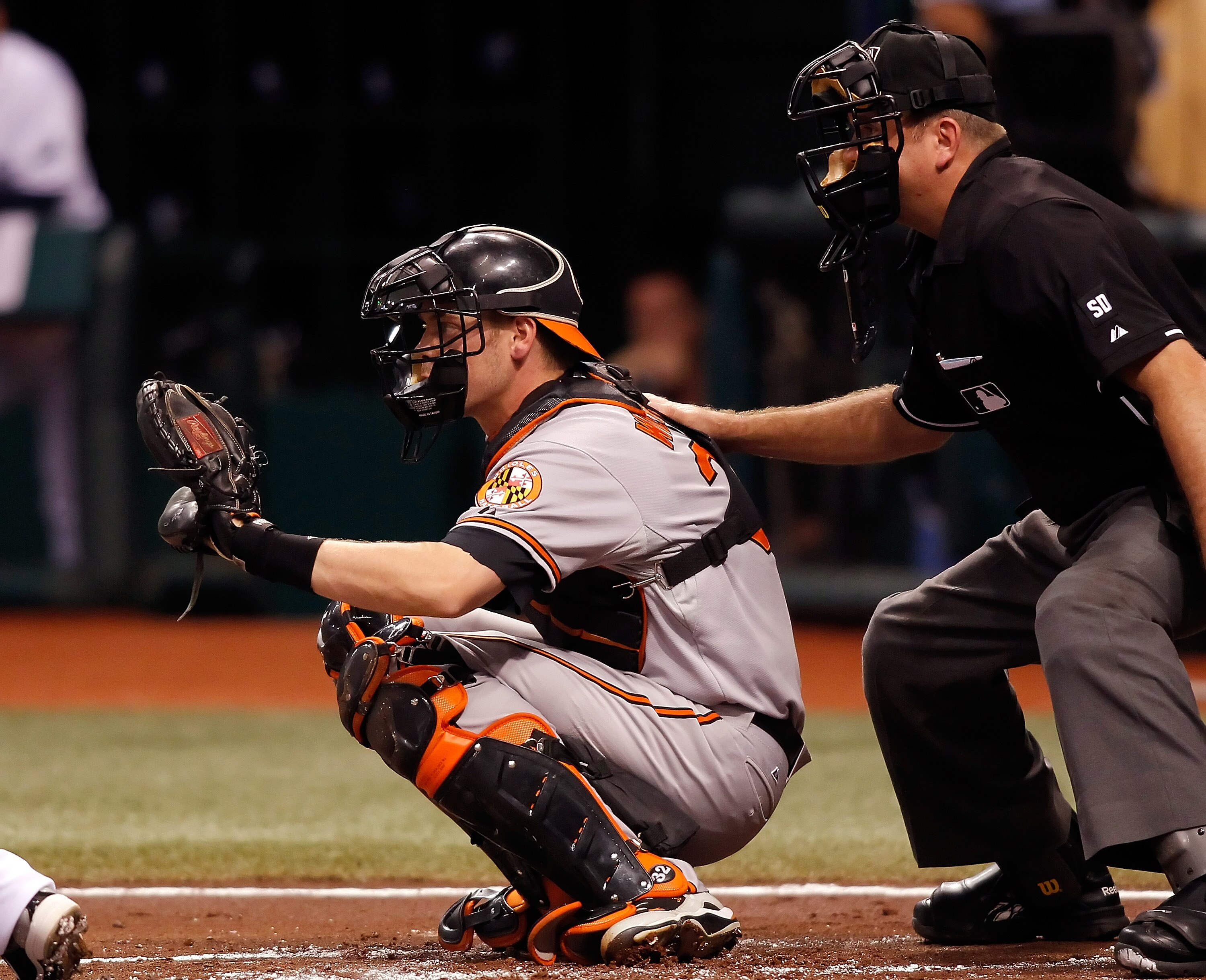 ST PETERSBURG, FL - SEPTEMBER 27:  Catcher Matt Wieters #32 of the Baltimore Orioles kneels behind homeplate against the Tampa Bay Rays during the game at Tropicana Field on September 27, 2010 in St. Petersburg, Florida.  (Photo by J. Meric/Getty Images)