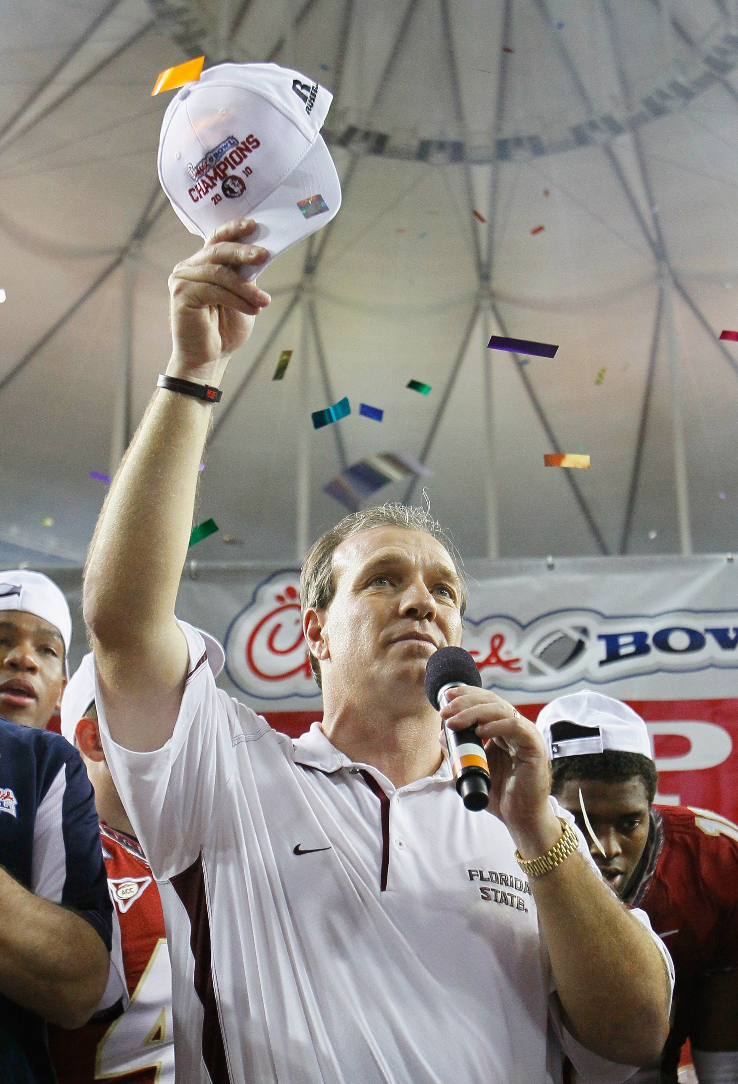 ATLANTA, GA - DECEMBER 31: Head coach Jimbo Fisher of the Florida State Seminoles sideline reacts after their 26-17 win over the South Carolina Gamecocks during the 2010 Chick-fil-A Bowl at Georgia Dome on December 31, 2010 in Atlanta, Georgia. (Photo b ATLANTA, GA - DECEMBER 31: Head coach Jimbo Fisher of the Florida State Seminoles sideline reacts after their 26-17 win over the South Carolina Gamecocks during the 2010 Chick-fil-A Bowl at Georgia Dome on December 31, 2010 in Atlanta, Georgia. (Photo b