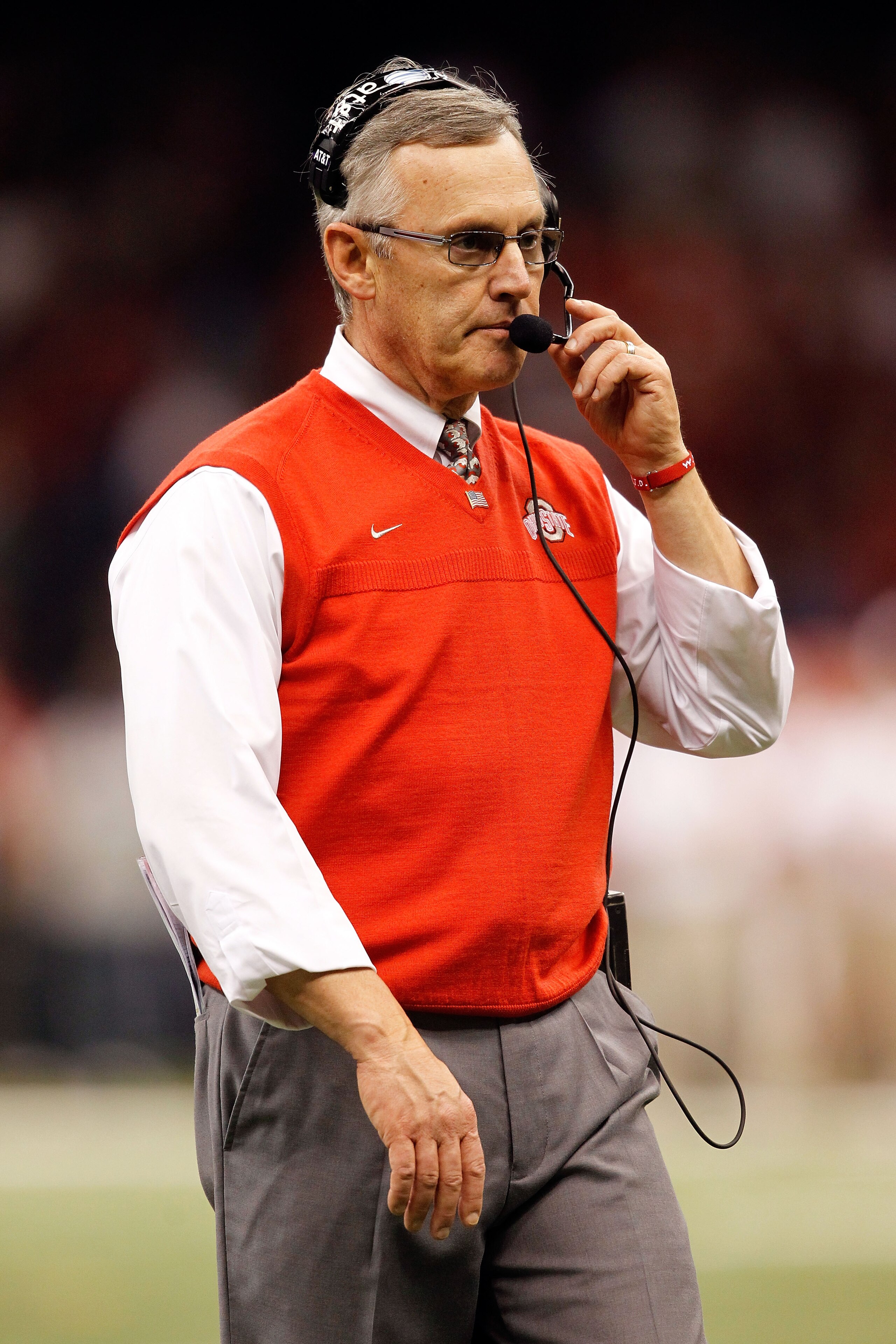 NEW ORLEANS, LA - JANUARY 04: Head coach Jim Tressel of the Ohio State Buckeyes looks on against the Arkansas Razorbacks during the Allstate Sugar Bowl at the Louisiana Superdome on January 4, 2011 in New Orleans, Louisiana. (Photo by Matthew Stockman/G NEW ORLEANS, LA - JANUARY 04: Head coach Jim Tressel of the Ohio State Buckeyes looks on against the Arkansas Razorbacks during the Allstate Sugar Bowl at the Louisiana Superdome on January 4, 2011 in New Orleans, Louisiana. (Photo by Matthew Stockman/G
