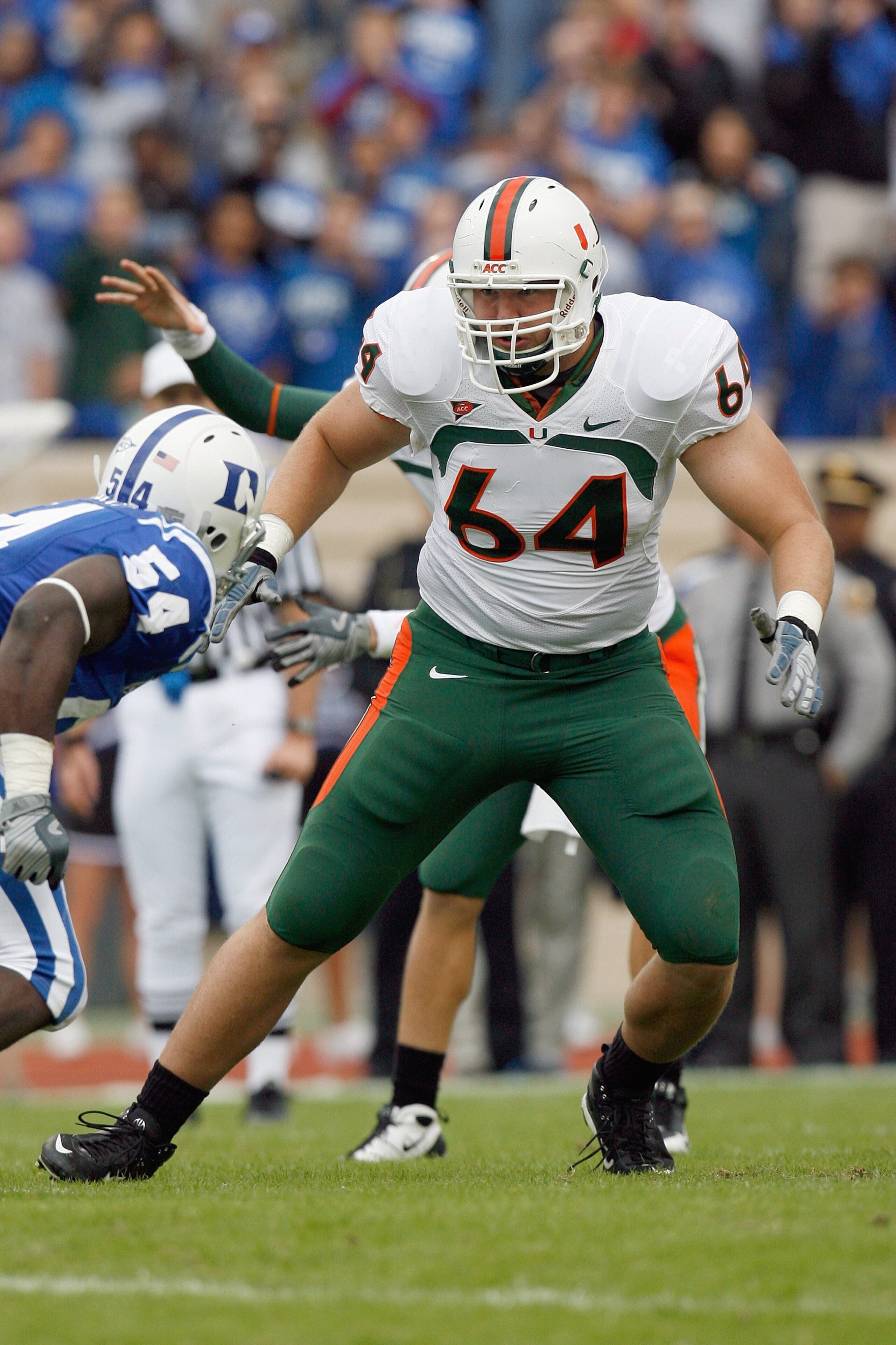 DURHAM, NC - OCTOBER 18: Jason Fox #64 of the Miami Hurricanes moves to block during the game against the Duke Blue Devils at Wallace Wade Stadium on October 18, 2008 in Durham, North Carolina. (Photo by Kevin C. Cox/Getty Images) DURHAM, NC - OCTOBER 18: Jason Fox #64 of the Miami Hurricanes moves to block during the game against the Duke Blue Devils at Wallace Wade Stadium on October 18, 2008 in Durham, North Carolina. (Photo by Kevin C. Cox/Getty Images)