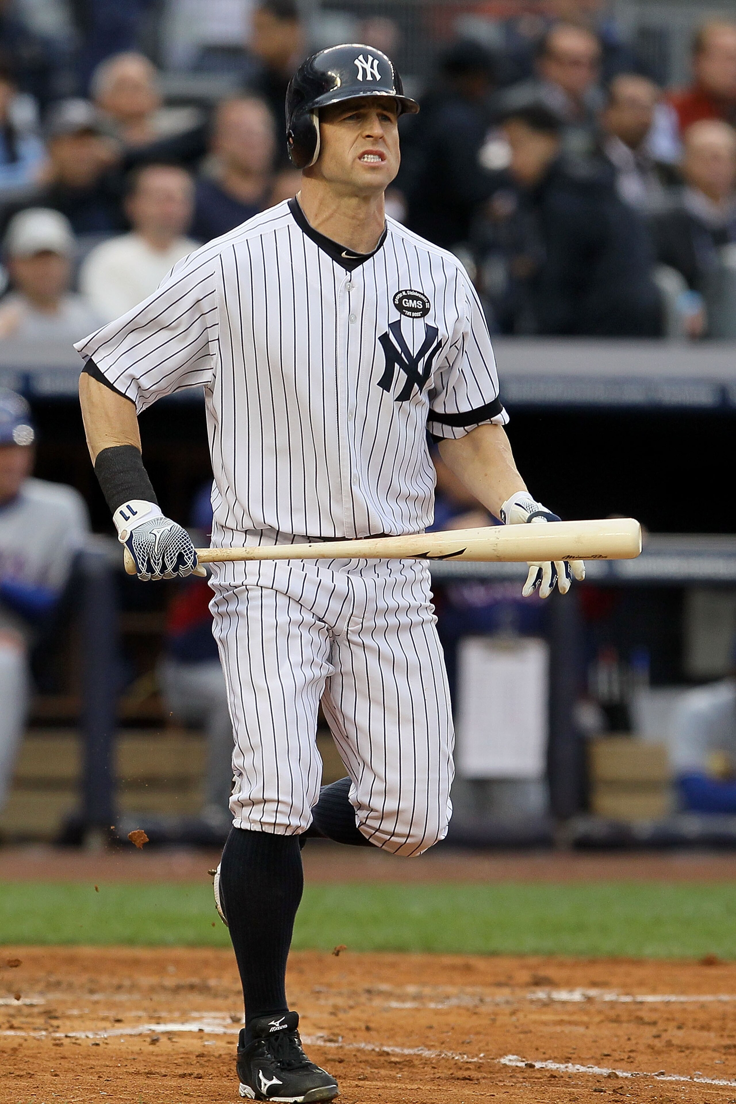NEW YORK - OCTOBER 20:  Brett Gardner #11 of the New York Yankees reacts after striking out against the Texas Rangers in Game Five of the ALCS during the 2010 MLB Playoffs at Yankee Stadium on October 20, 2010 in the Bronx borough of New York City.  (Phot