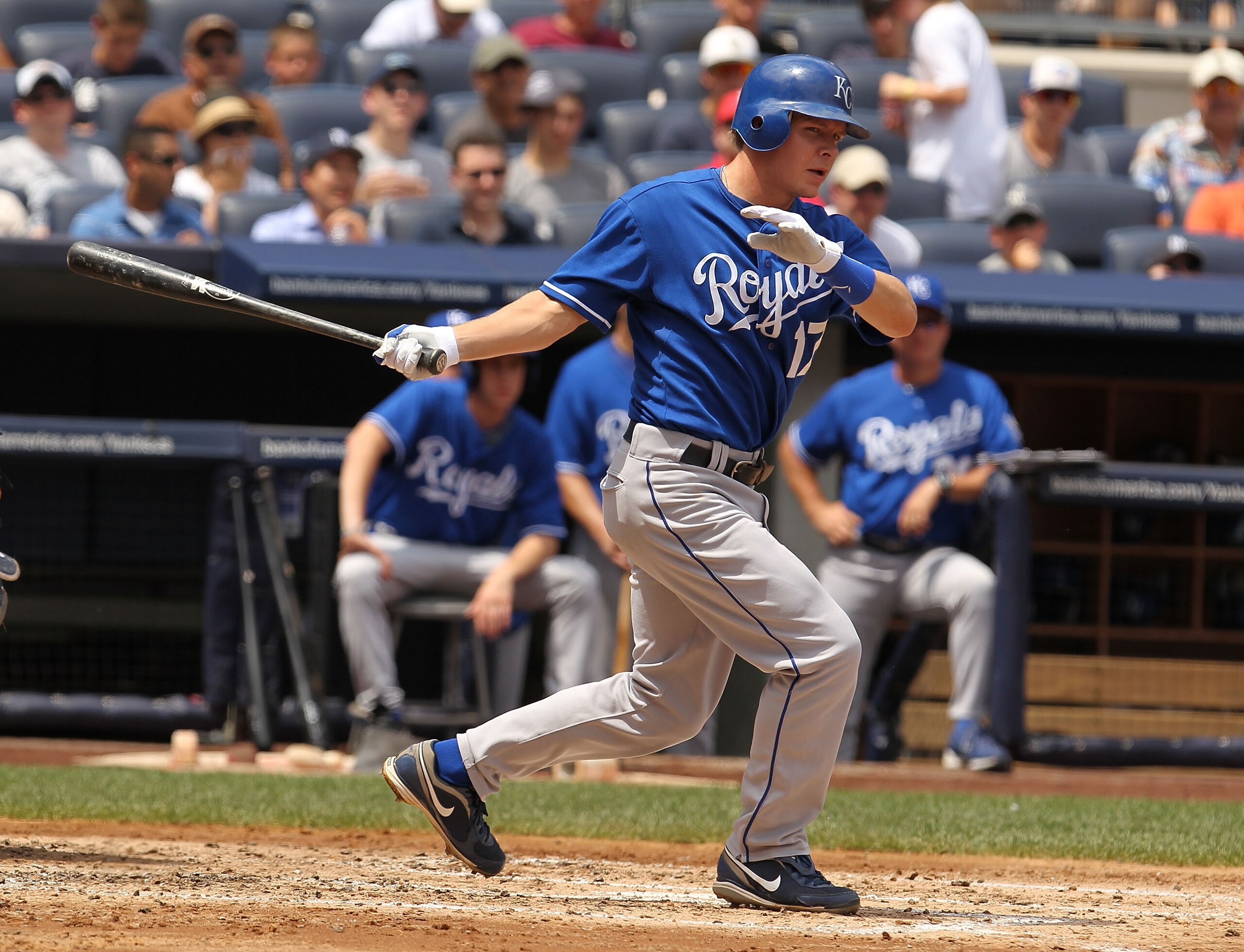 NEW YORK - JULY 25:  Chris Getz #17 of the Kansas City Royals in action against the New York Yankees during their game on July 25, 2010 at Yankee Stadium in the Bronx borough of New York City.  (Photo by Al Bello/Getty Images)