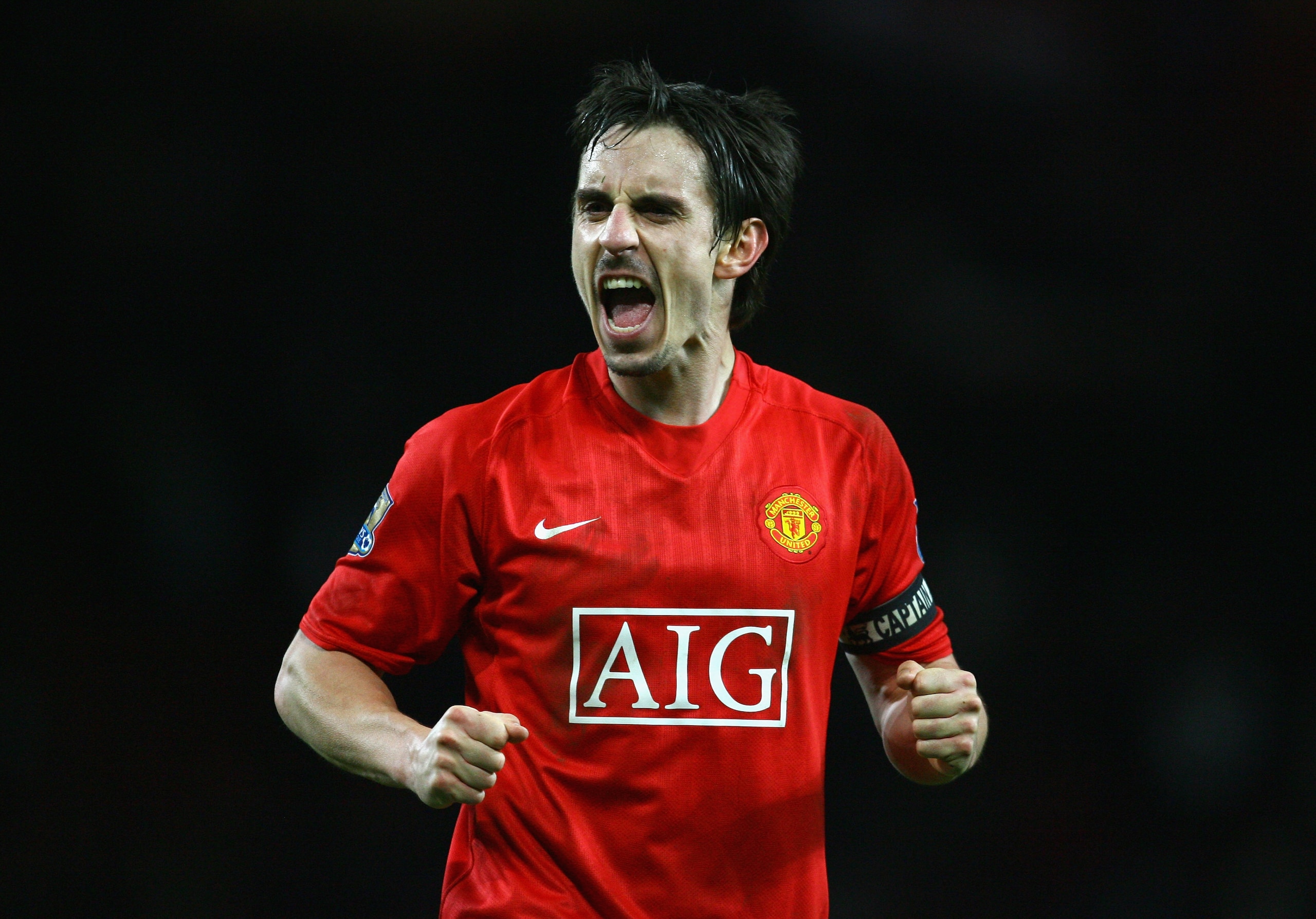 MANCHESTER, UNITED KINGDOM - JANUARY 11:  Gary Neville of Manchester United celebrates his team's victory at the end of the Barclays Premier League match between Manchester United and Chelsea at Old Trafford on January 11, 2009 in Manchester, England. (Ph
