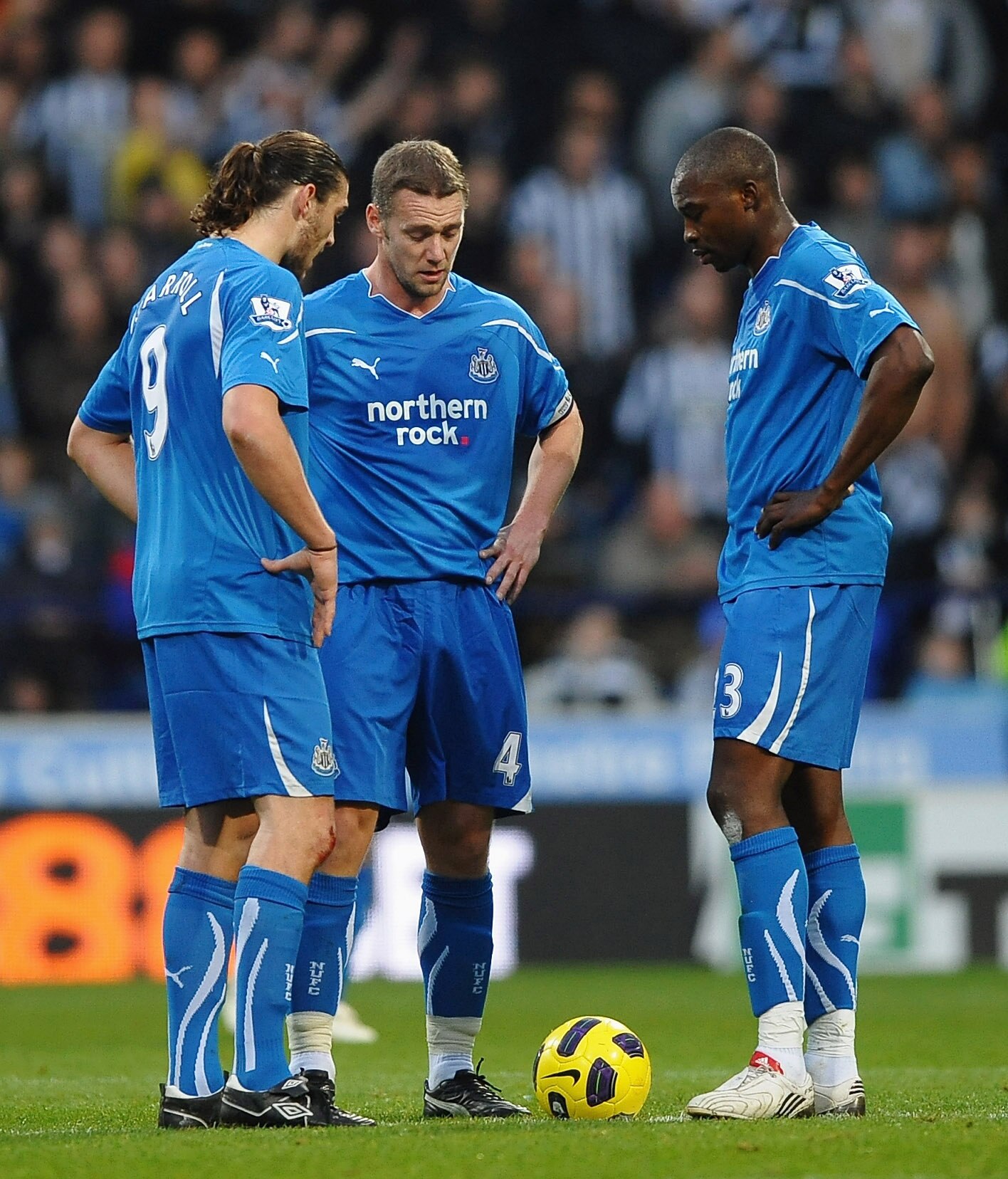 BOLTON, ENGLAND - NOVEMBER 20: Andrew Carroll, Kevin Nolan and Shola Ameobi of Newcastle United show their frustrations during the Barclays Premier League match between Bolton Wanderers and Newcastle United at the Reebok Stadium on November 20, 2010 in Bo