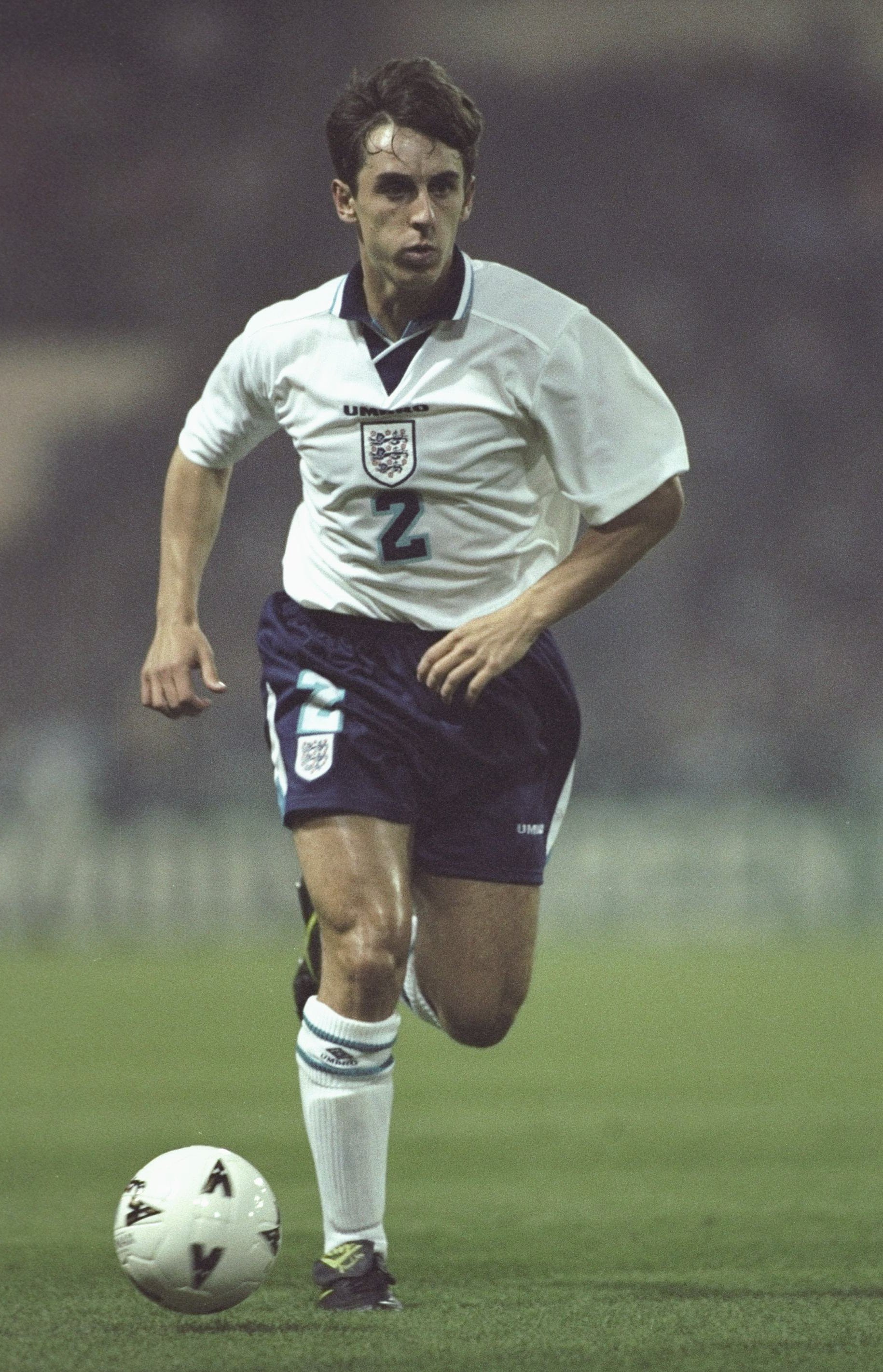 9 Oct 1996:  Gary Neville of England in action during the world cup qualifier between England and Poland at Wembley Stadium in London. England went onto win the match by 2-1. Mandatory Credit: Clive Brunskill/Allsport