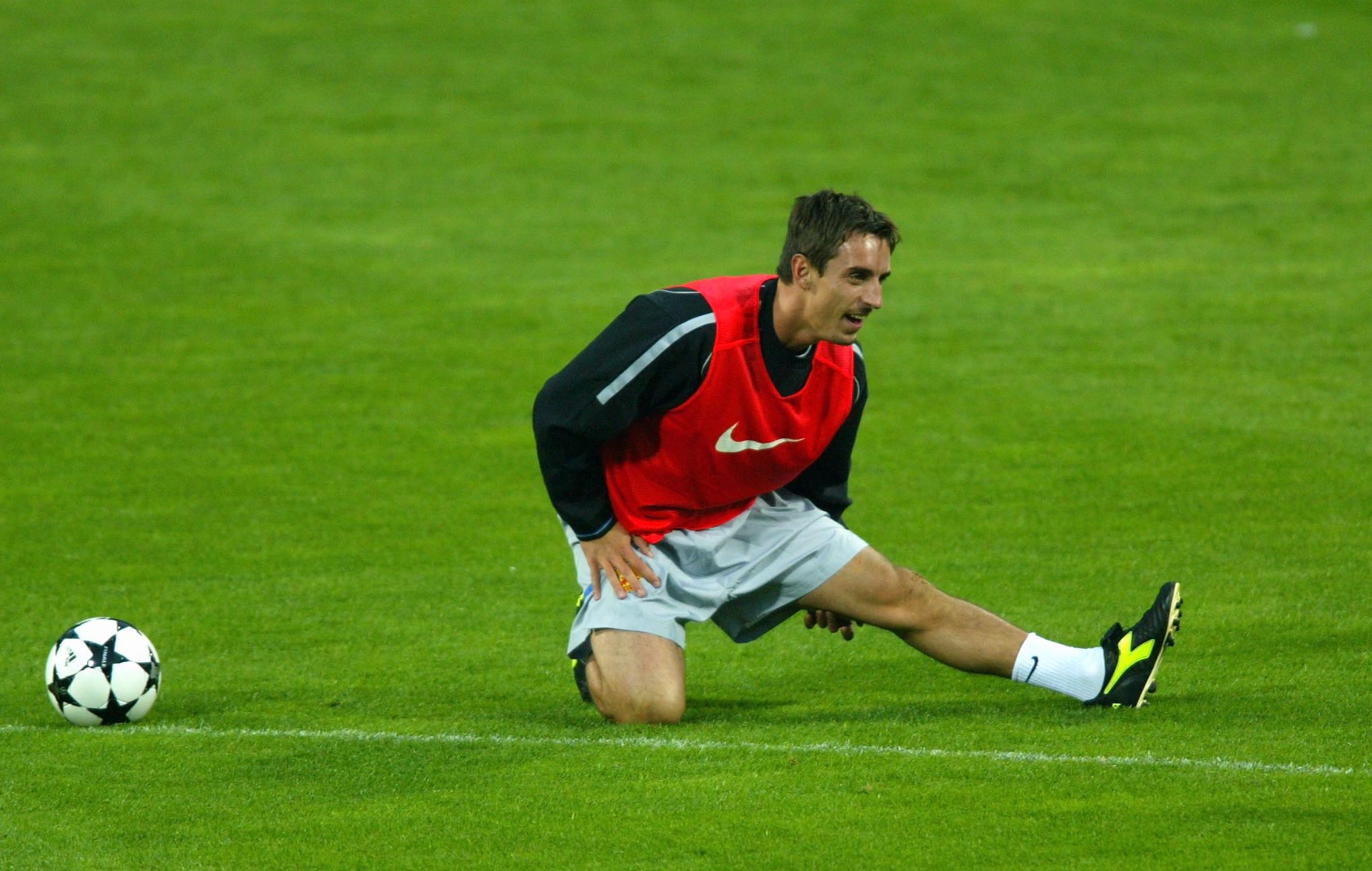 LEVERKUSEN, GERMANY - SEPTEMBER 23:  Gary Neville of Manchester United during their training before the Champions League First Stage match between Bayer Leverkusen and Manchester United at The Bay Arena in Leverkusen, Germany on September 23, 2002. (Photo
