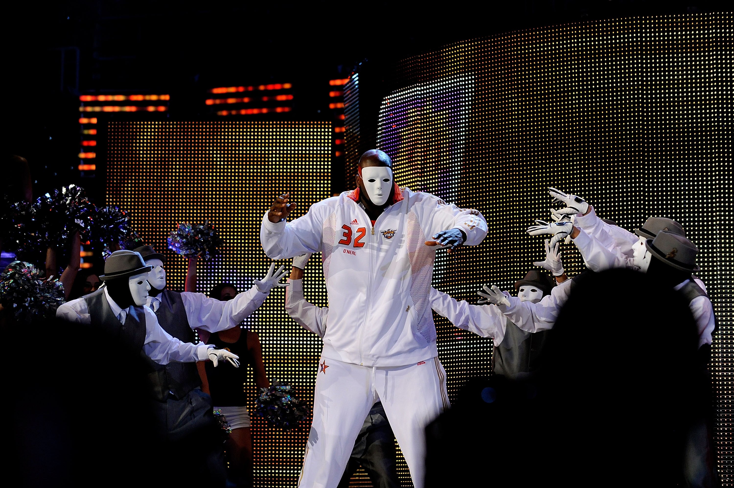 PHOENIX - FEBRUARY 15:  Shaquille O'Neal #32 of the Western Conference dances with the Jabbawockeez as he is introduced before the start of the 58th NBA All-Star Game, part of 2009 NBA All-Star Weekend at US Airways Center on February 15, 2009 in Phoenix,