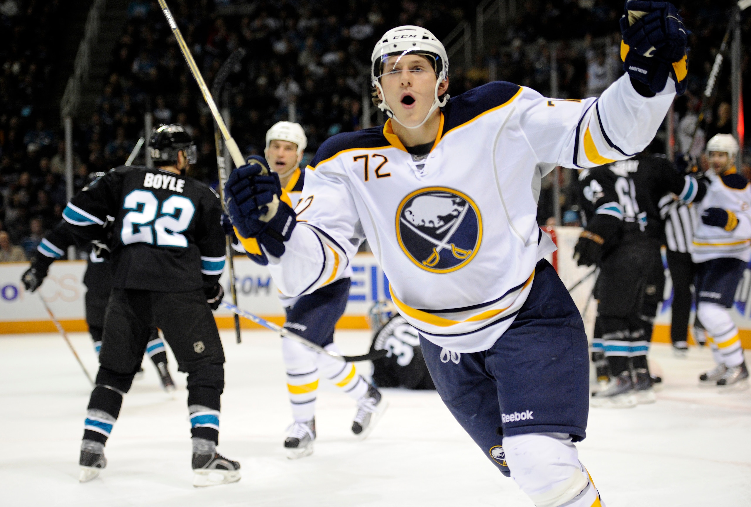 SAN JOSE, CA - JANUARY 6:  Luke Adam #72 of the Buffalo Sabres celebrates after scoring a goal against the San Jose Sharks during an NHL hockey game at the HP Pavilion on January 6, 2011 in San Jose, California. (Photo by Thearon W. Henderson/Getty Images