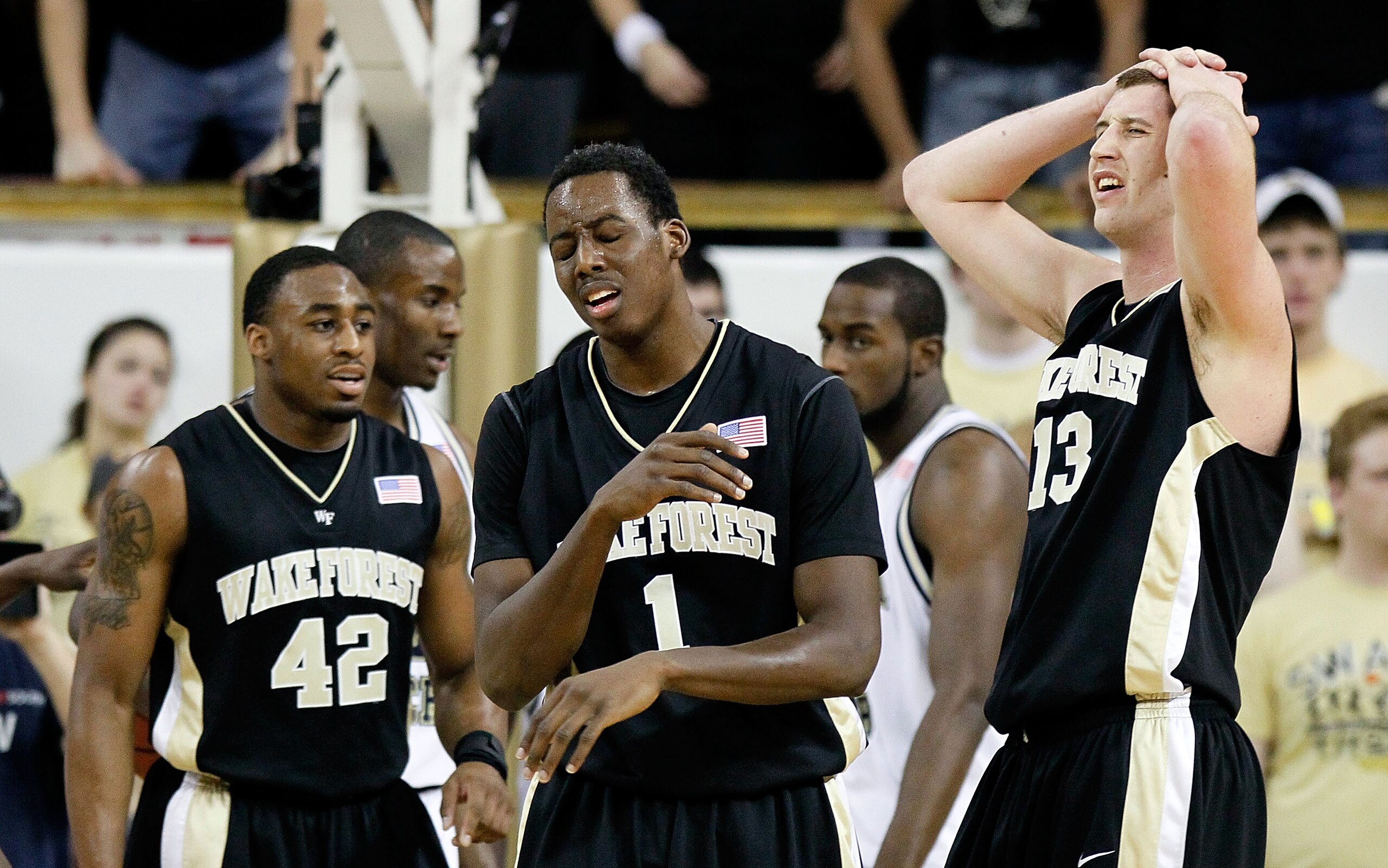 ATLANTA - JANUARY 28: Al-Farouq Aminu #1 and Chas McFarland #13 of the Wake Forest Demon Deacons react after a turnover during the game against the Georgia Tech Yellow Jackets at Alexander Memorial Coliseum on January 28, 2010 in Atlanta, Georgia. (Phot ATLANTA - JANUARY 28: Al-Farouq Aminu #1 and Chas McFarland #13 of the Wake Forest Demon Deacons react after a turnover during the game against the Georgia Tech Yellow Jackets at Alexander Memorial Coliseum on January 28, 2010 in Atlanta, Georgia. (Phot