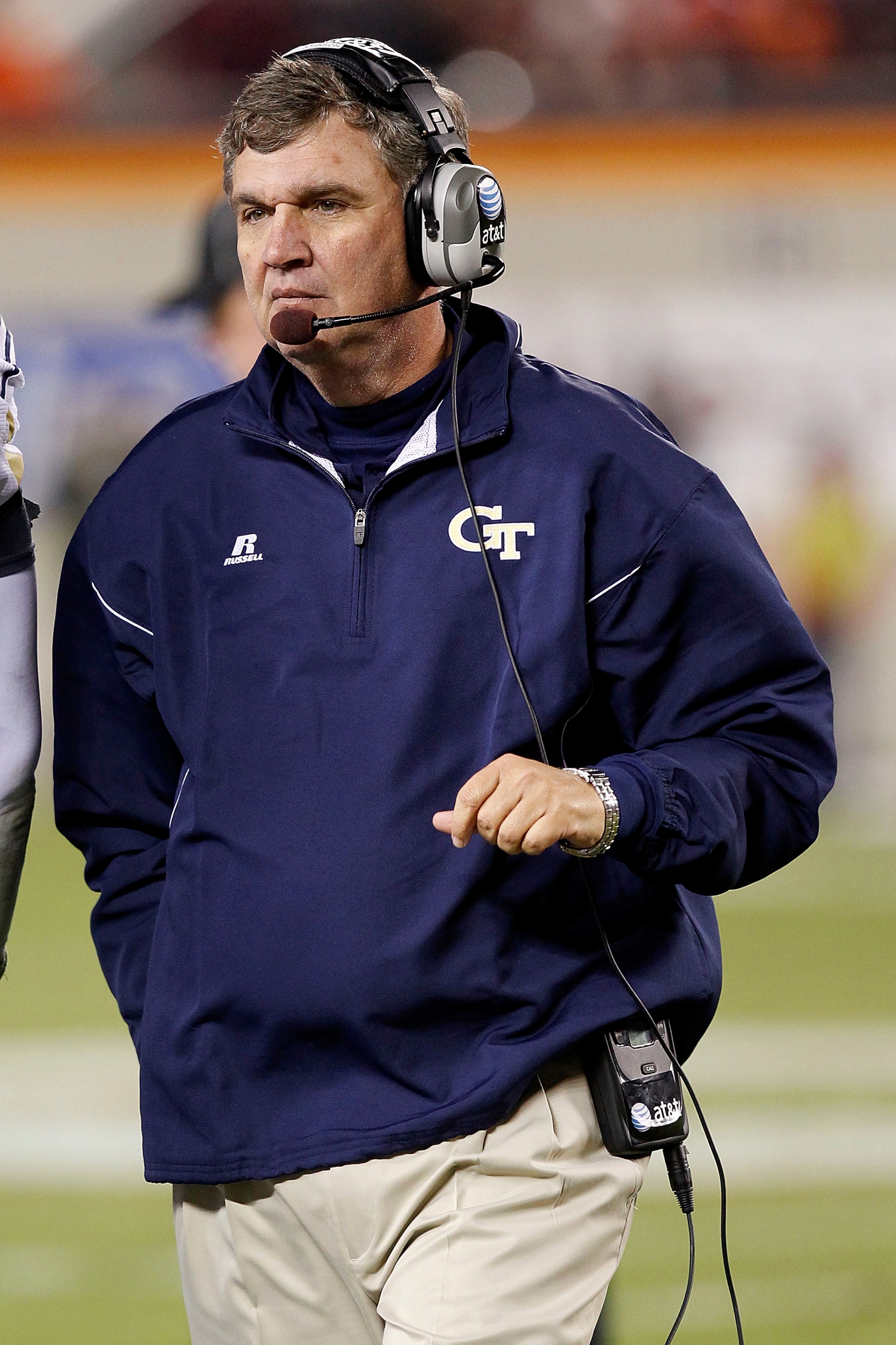 BLACKSBURG, VA - NOVEMBER 04: Head coach Paul Johnson of the Georgia Tech Yellow Jackets stands on the sidelines against the Virginia Tech Hokies at Lane Stadium on November 4, 2010 in Blacksburg, Virginia.  (Photo by Geoff Burke/Getty Images)