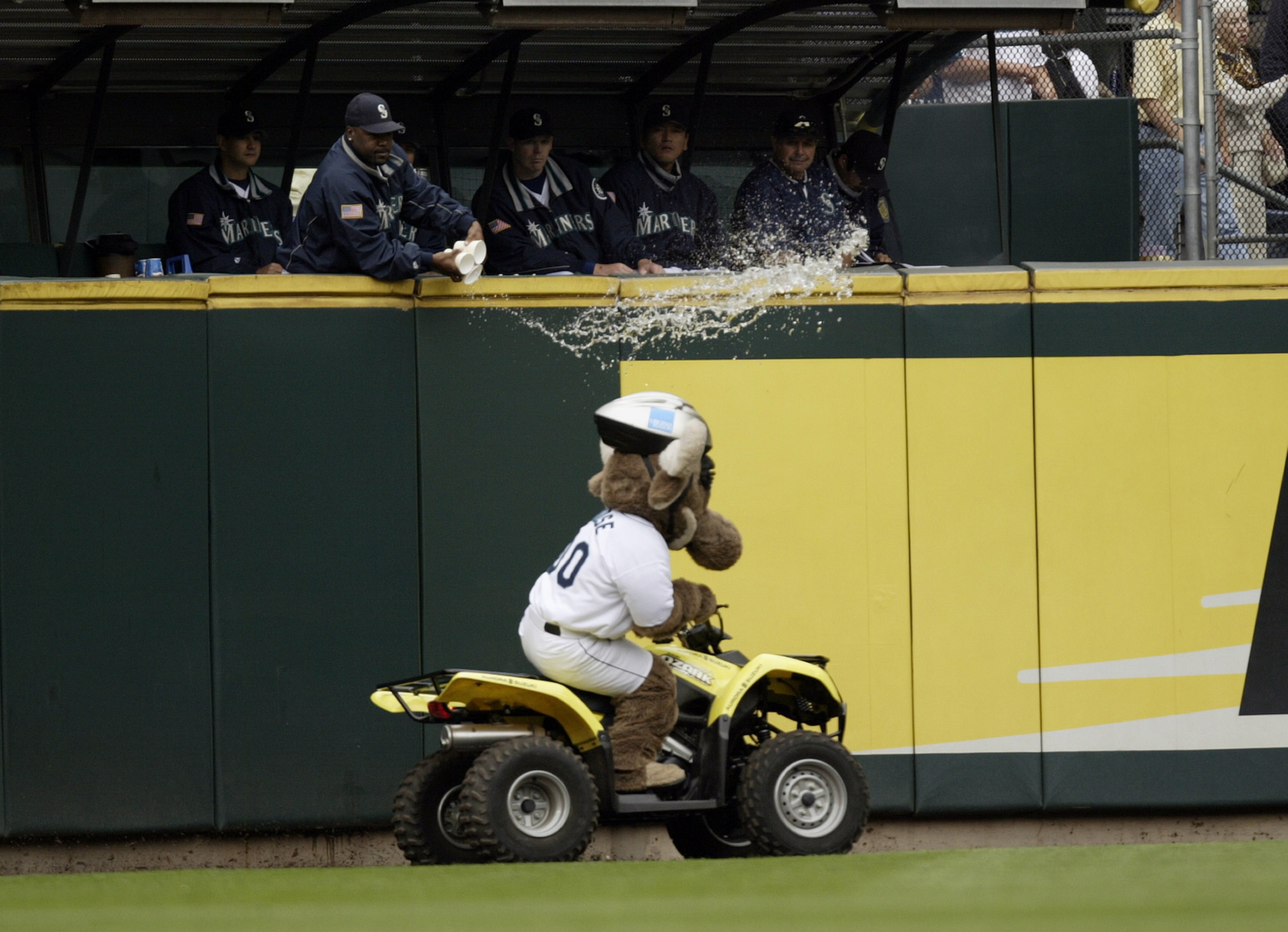 SEATTLE - SEPTEMBER 14:  The Mariner Moose is doused with water by members of the Mariners' bullpen between innings of the game against the Anaheim Angels on September 14, 2003 at Safeco Field in Seattle, Washington.  The Angels defeated the Mariners 2-1.