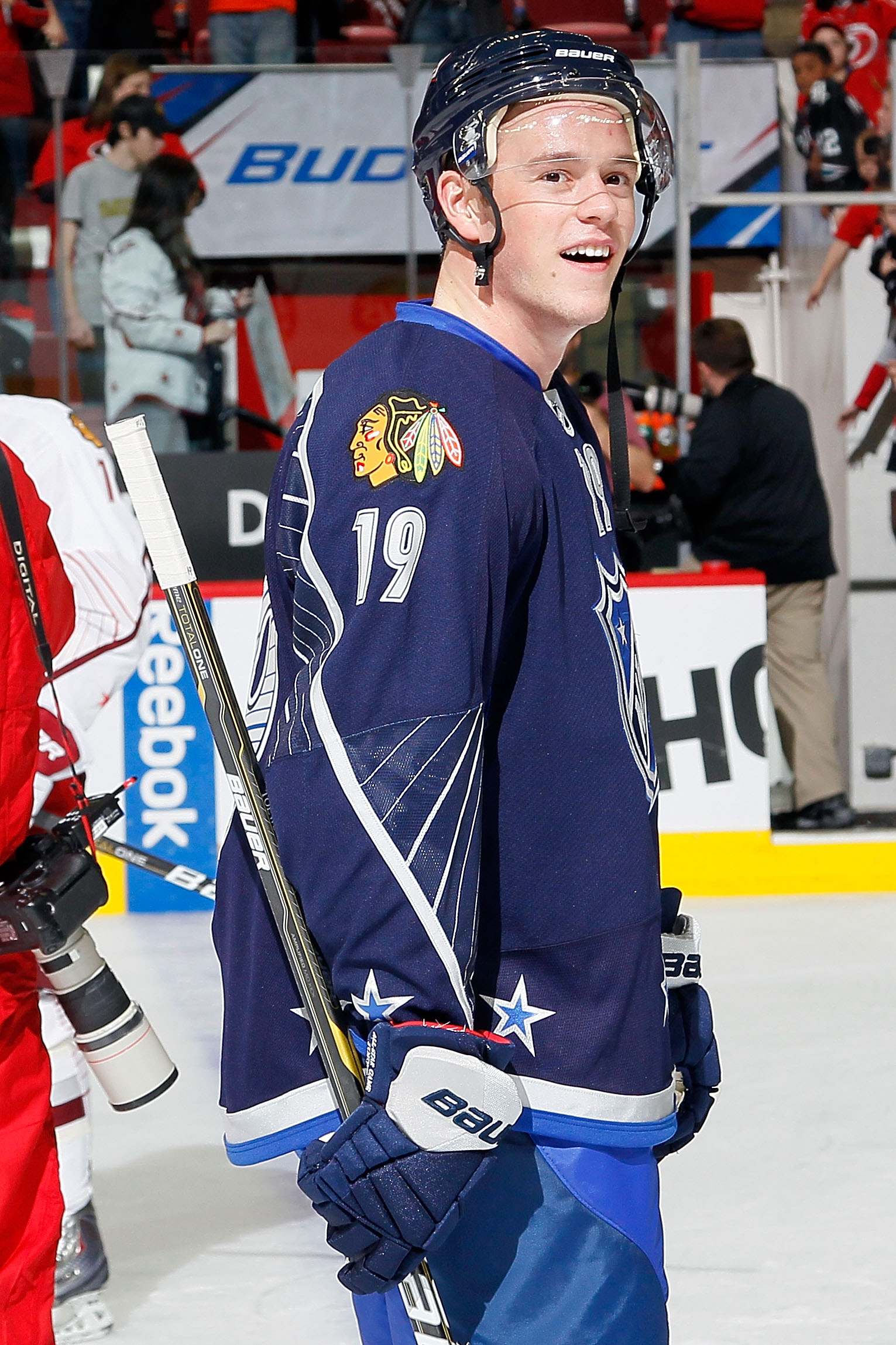 RALEIGH, NC - JANUARY 30:  Jonathan Toews #19 of the Chicago Blackhawks and Team Lidstrom reacts after their 11 to 10 win over Team Staal in the 58th NHL All-Star Game at RBC Center on January 30, 2011 in Raleigh, North Carolina.  (Photo by Kevin C. Cox/G