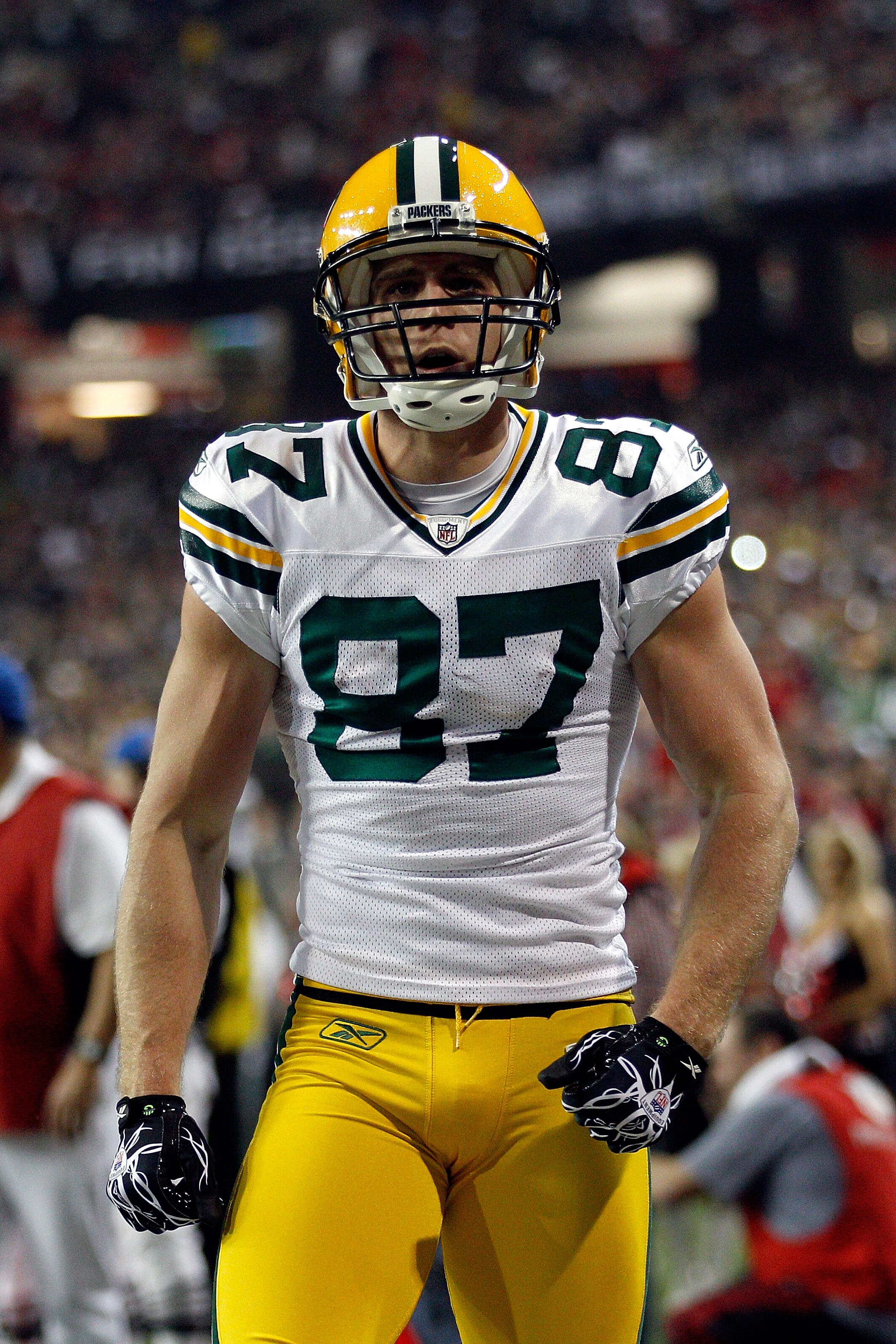 ATLANTA, GA - JANUARY 15:  Jordy Nelson #87 of the Green Bay Packers reacts after he scored a 6-yard touchdown reception in the second quarter against the Atlanta Falcons during their 2011 NFC divisional playoff game at Georgia Dome on January 15, 2011 in