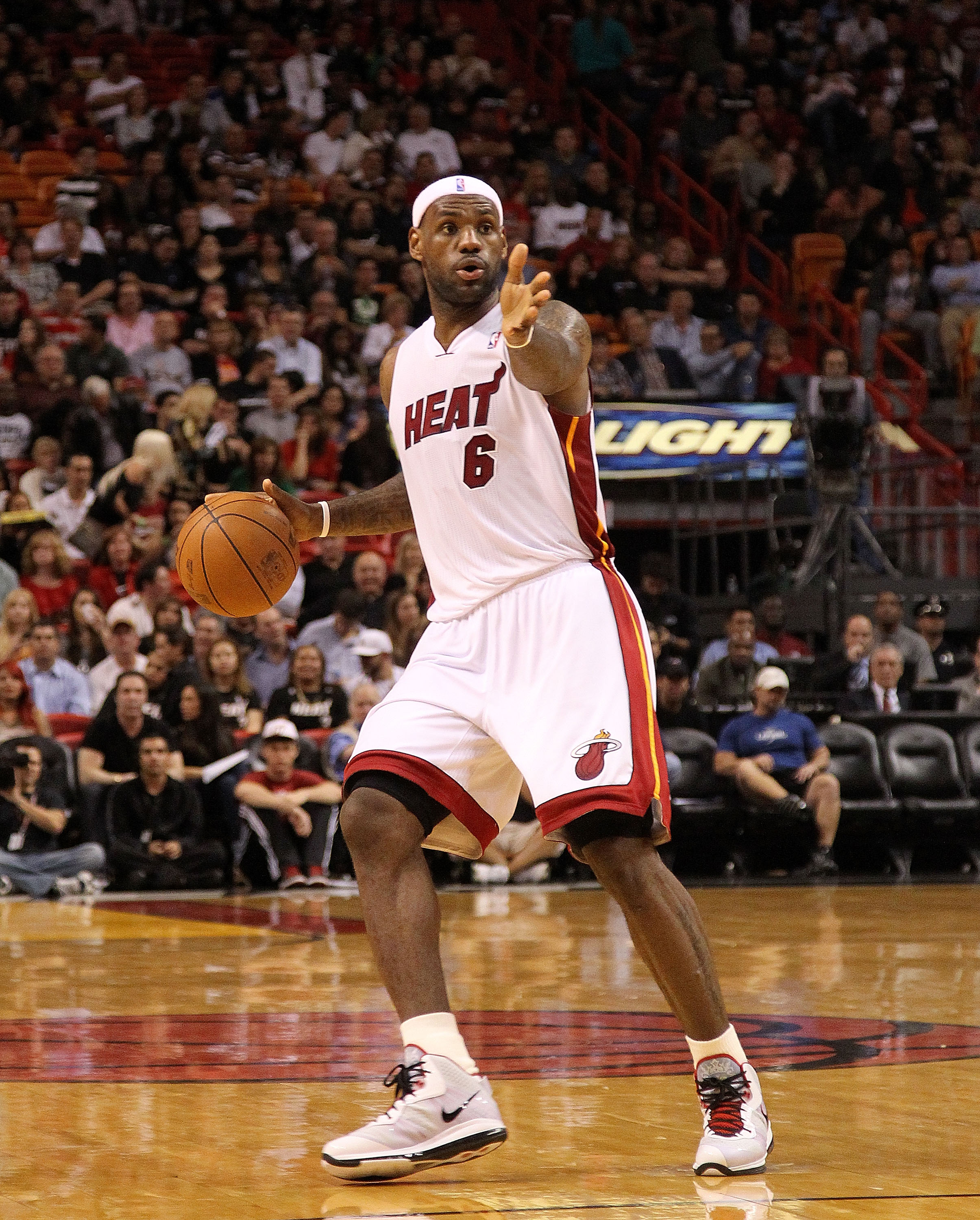 MIAMI, FL - JANUARY 31:  LeBron James #6 of the Miami Heat runs the floor during a game against the Cleveland Cavaliers at American Airlines Arena on January 31, 2011 in Miami, Florida. NOTE TO USER: User expressly acknowledges and agrees that, by downloa