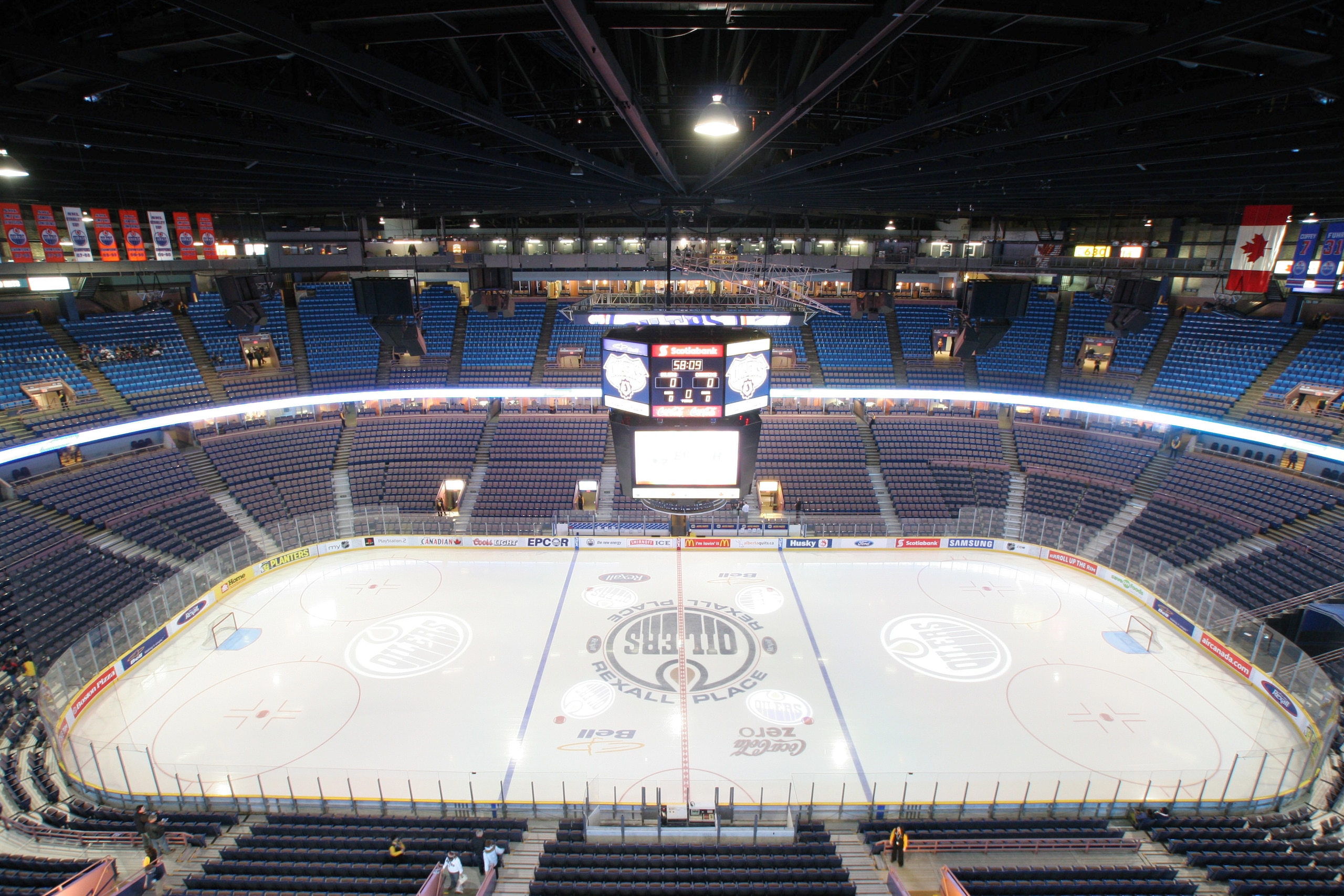 General view from the upper decks of the ice and seats at Rexall Place, a hockey and lacrosse venue and the home of the NHL's Edmonton Oilers, Edmonton, Alberta, Canada, mid 2000s. Rexall Products bought the naming rights of the arena in December 2003. (P