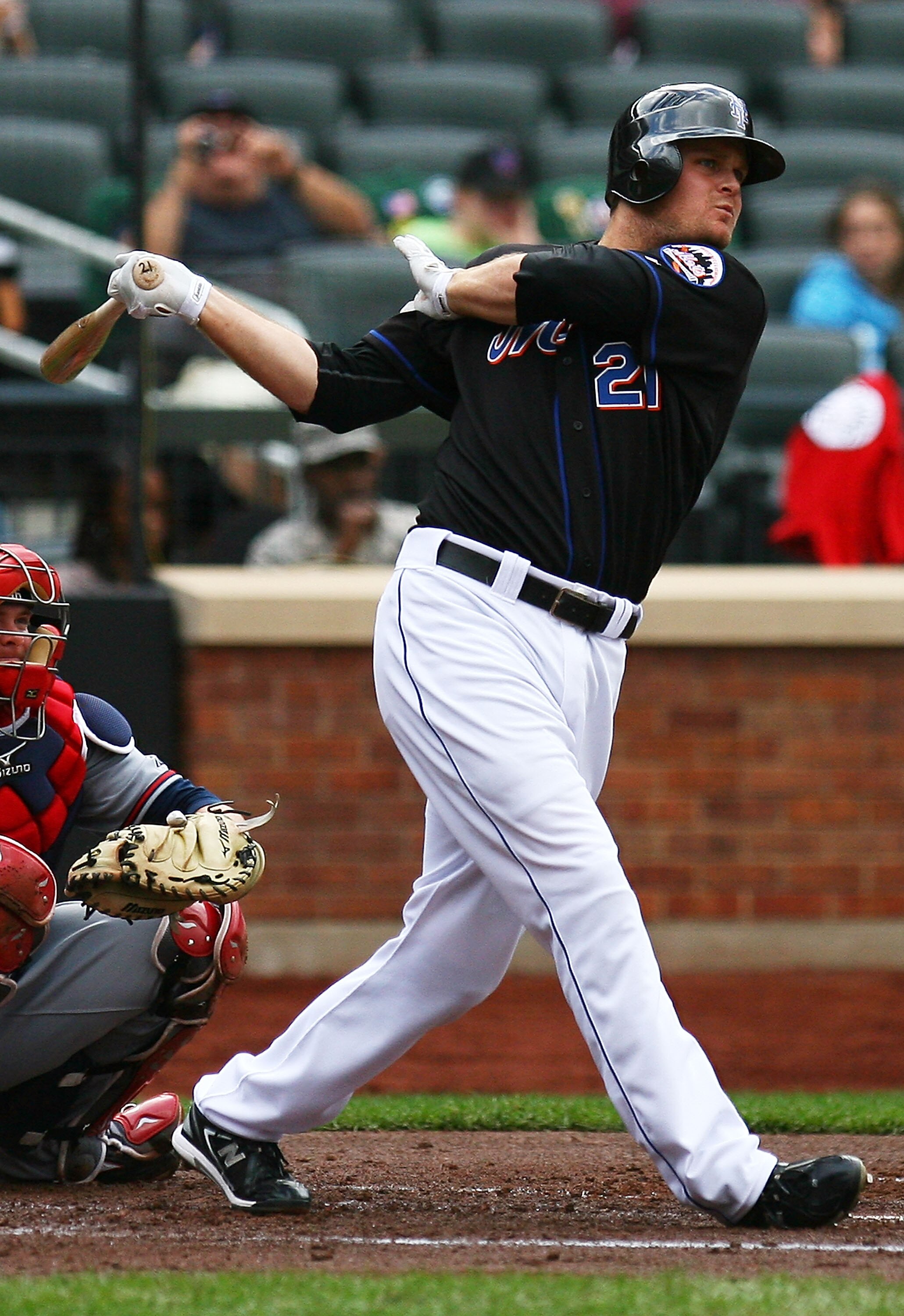 NEW YORK - SEPTEMBER 18:  Lucas Duda #21 of the New York Mets watches after hitting a double in the second inning against the Atlanta Braves on September 18, 2010 at Citi Field in the Flushing neighborhood of the Queens borough of New York City.  (Photo b