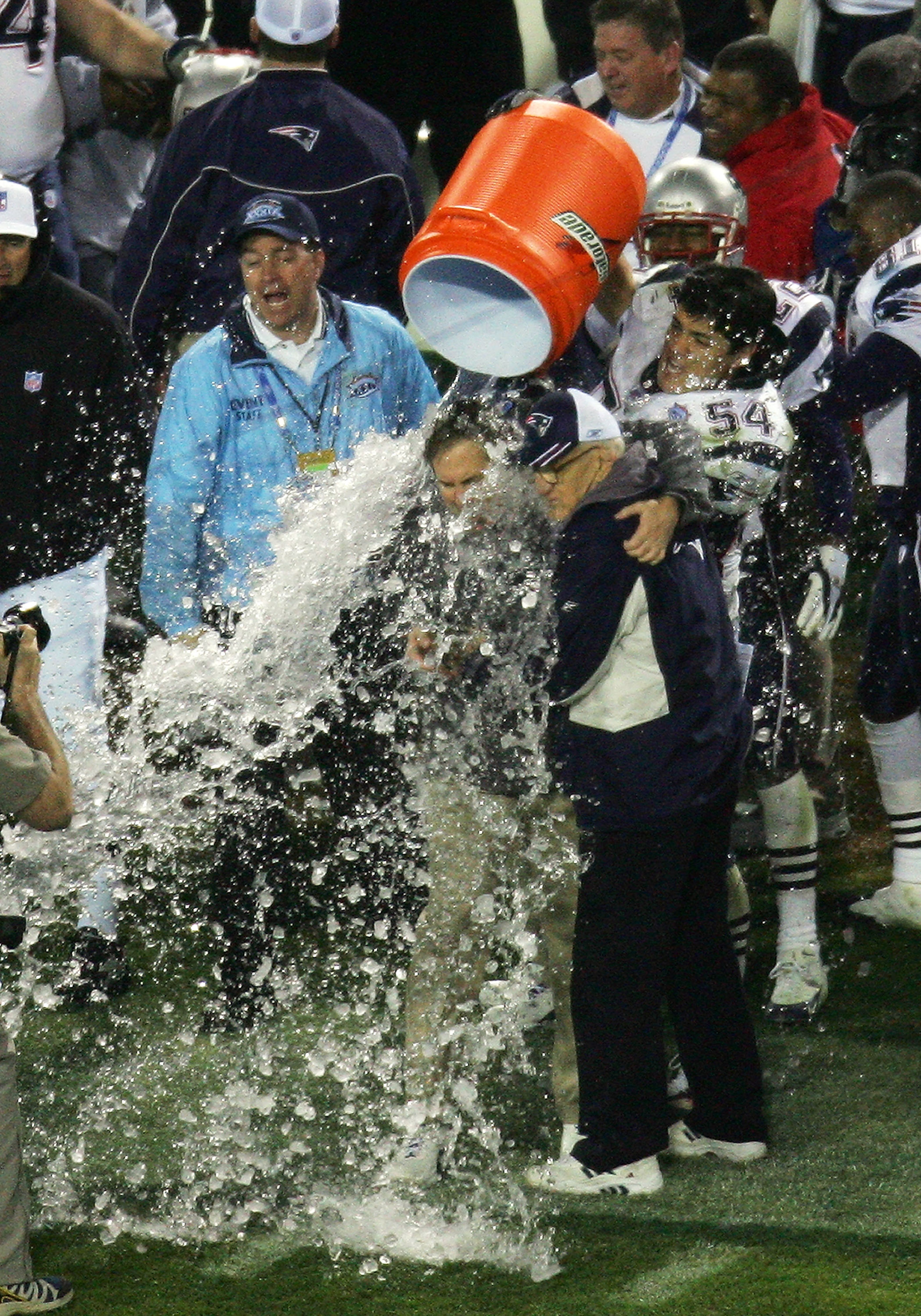 JACKSONVILLE, FL - FEBRUARY 6: Linebacker Tedy Bruschi #54 of the New England Patriots pours the Gatorade tub over head coach Bill Belichick before defeating the Philadelphia Eagles in Super Bowl XXXIX at Alltel Stadium on February 6, 2005 in Jacksonvil JACKSONVILLE, FL - FEBRUARY 6: Linebacker Tedy Bruschi #54 of the New England Patriots pours the Gatorade tub over head coach Bill Belichick before defeating the Philadelphia Eagles in Super Bowl XXXIX at Alltel Stadium on February 6, 2005 in Jacksonvil