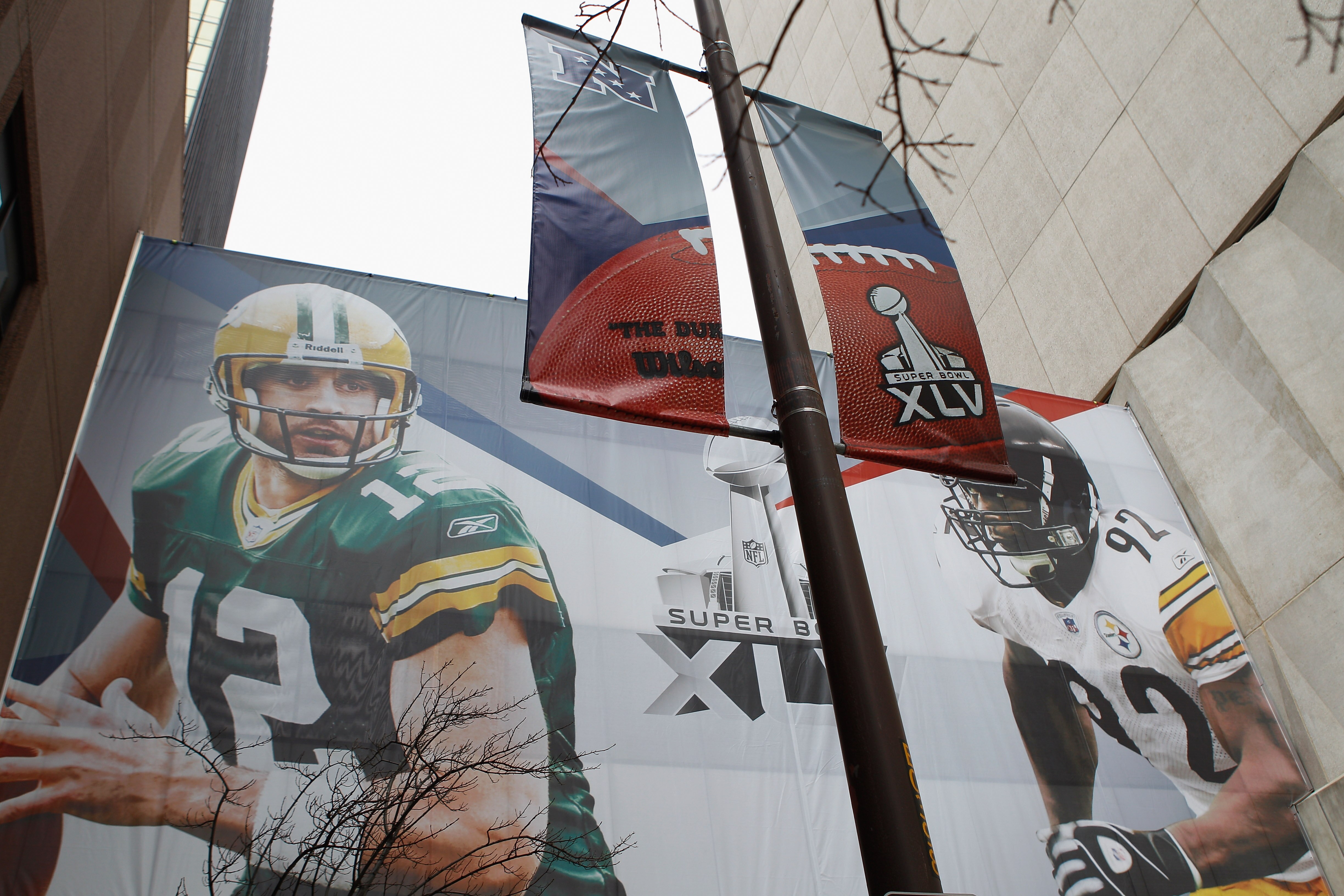 DALLAS, TX - FEBRUARY 02:  A Super Bowl XLV banner is displayed downtown on February 2, 2011 in Dallas, Texas. The Green Bay Packers will play the Pittsburgh Steelers in Super Bowl XLV on February 6, 2011 at Cowboys Stadium in Arlington, Texas.  (Photo by