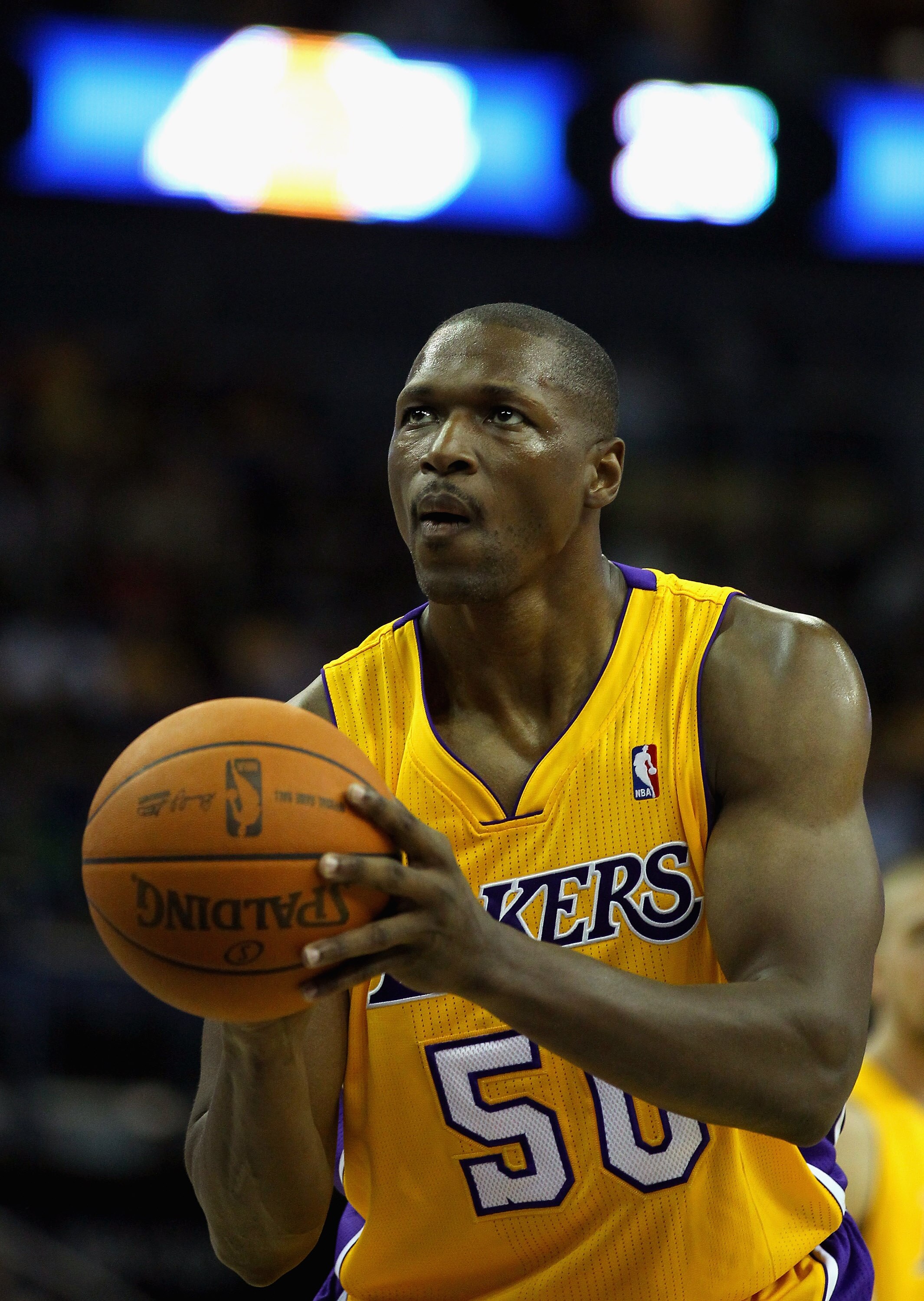 LONDON, ENGLAND - OCTOBER 04:  Theo Ratliff of the Los Angeles Lakers in action during the NBA Europe Live match between the Los Angeles Lakers and the Minnesota Timberwolves at the O2 arena on October 4, 2010 in London, England.  (Photo by Clive Rose/Get